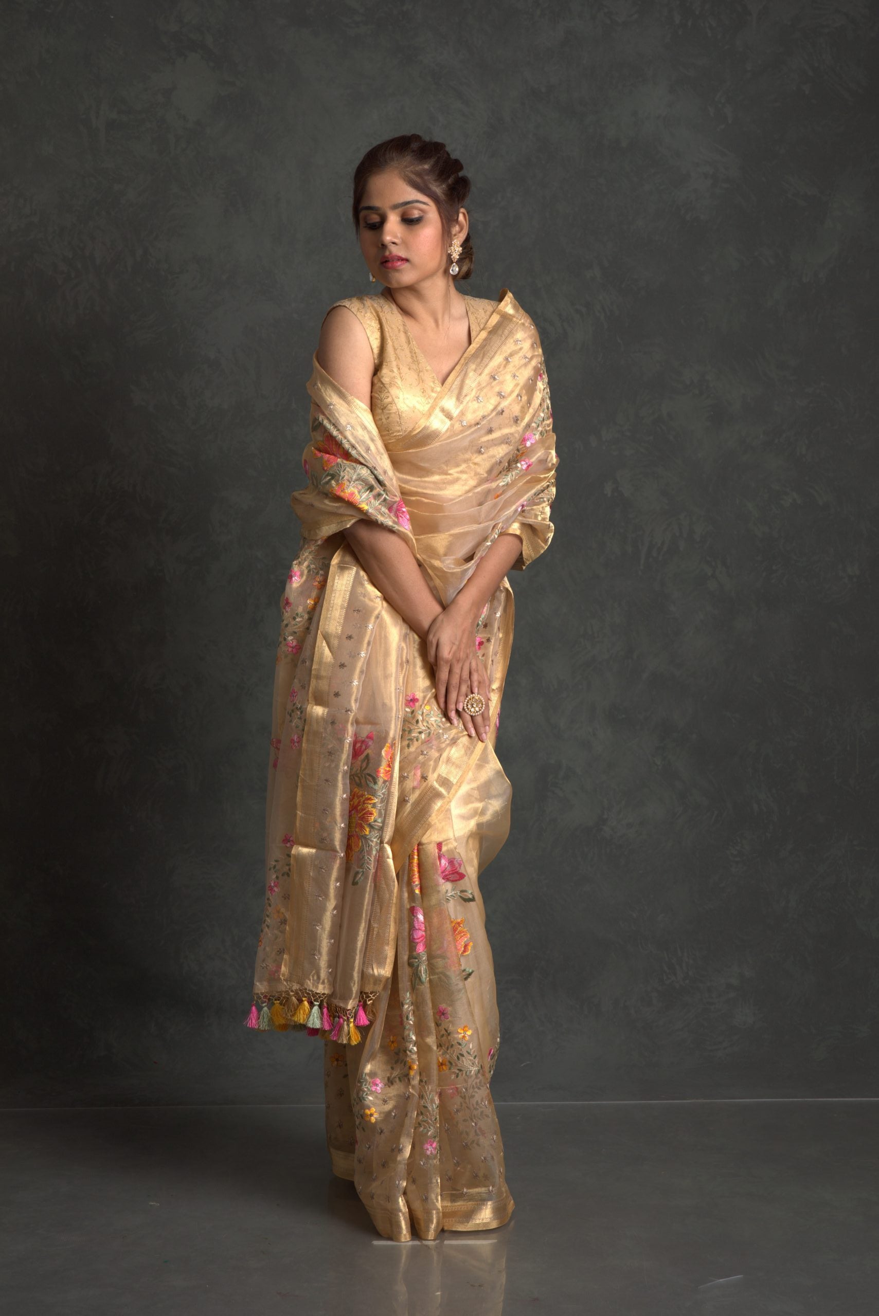 Aurum Golden Handloom Banarasi Tissue Saree with Thread Embroidery - Wedding Saree
