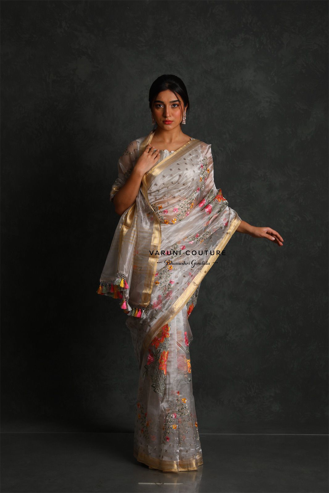Aurum Silver Handloom Tissue Silk Saree with Meenakari & Zari - Festive Saree