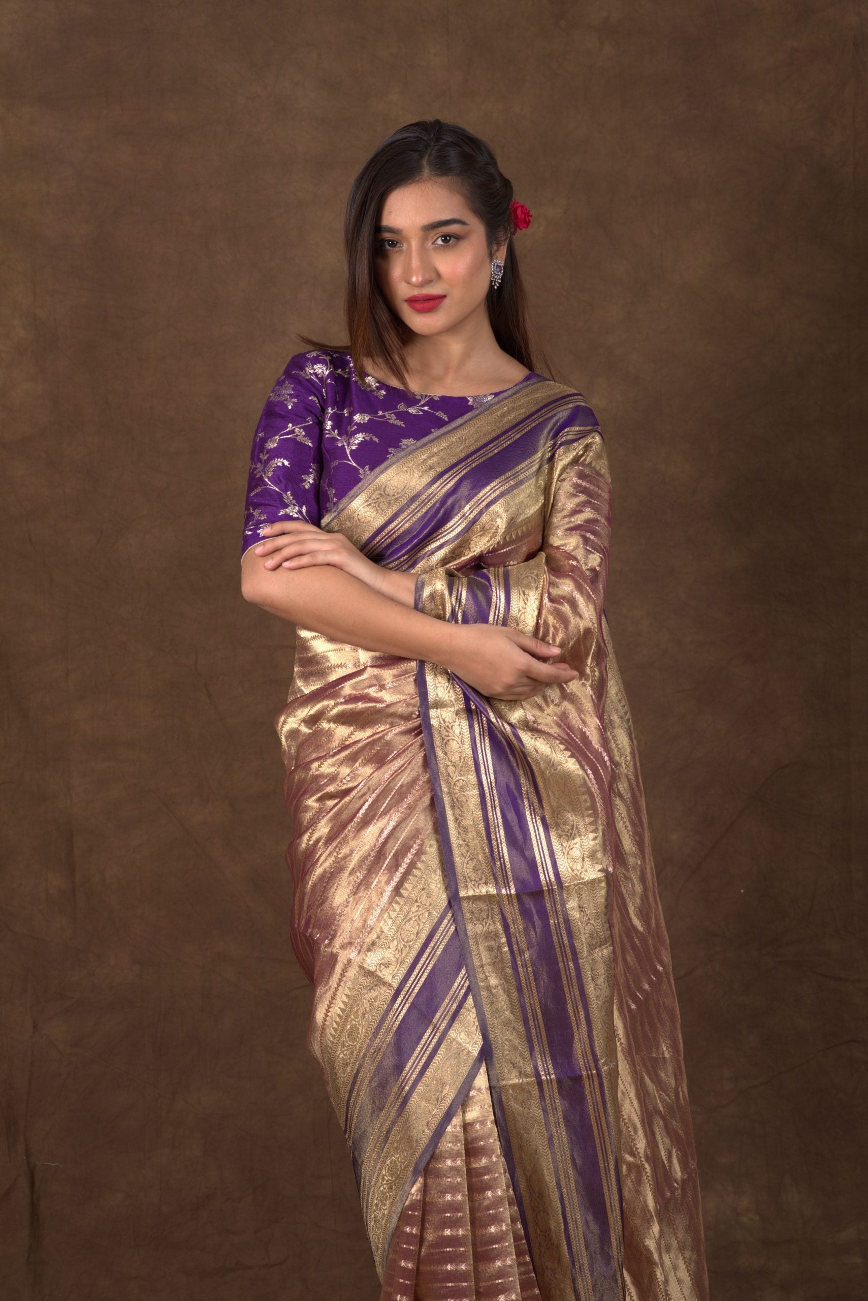 Aurum Stripe Purple & Golden Tissue Banarasi Saree with Katan Borders - Wedding Saree