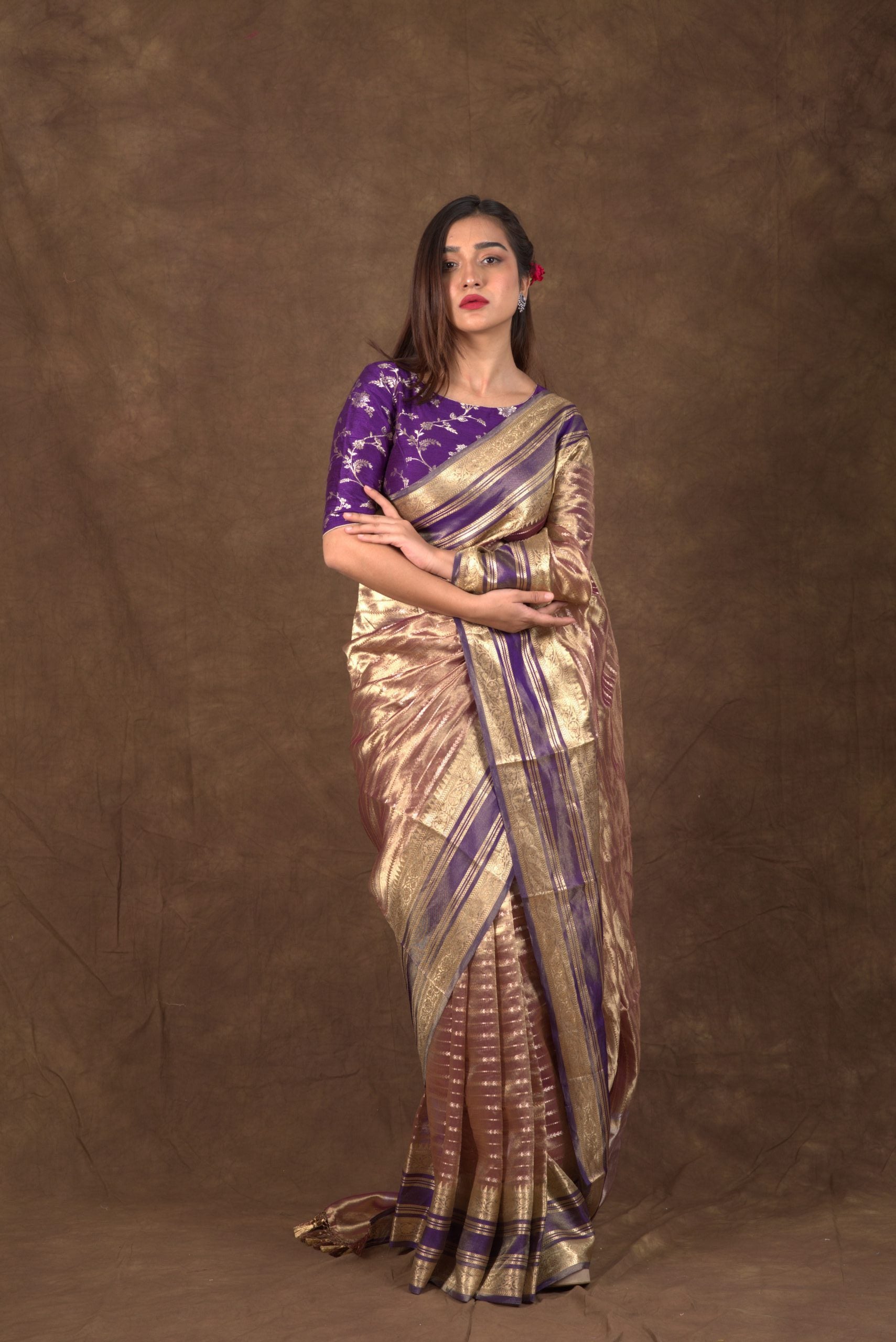 Aurum Stripe Purple & Golden Tissue Banarasi Saree with Katan Borders - Wedding Saree