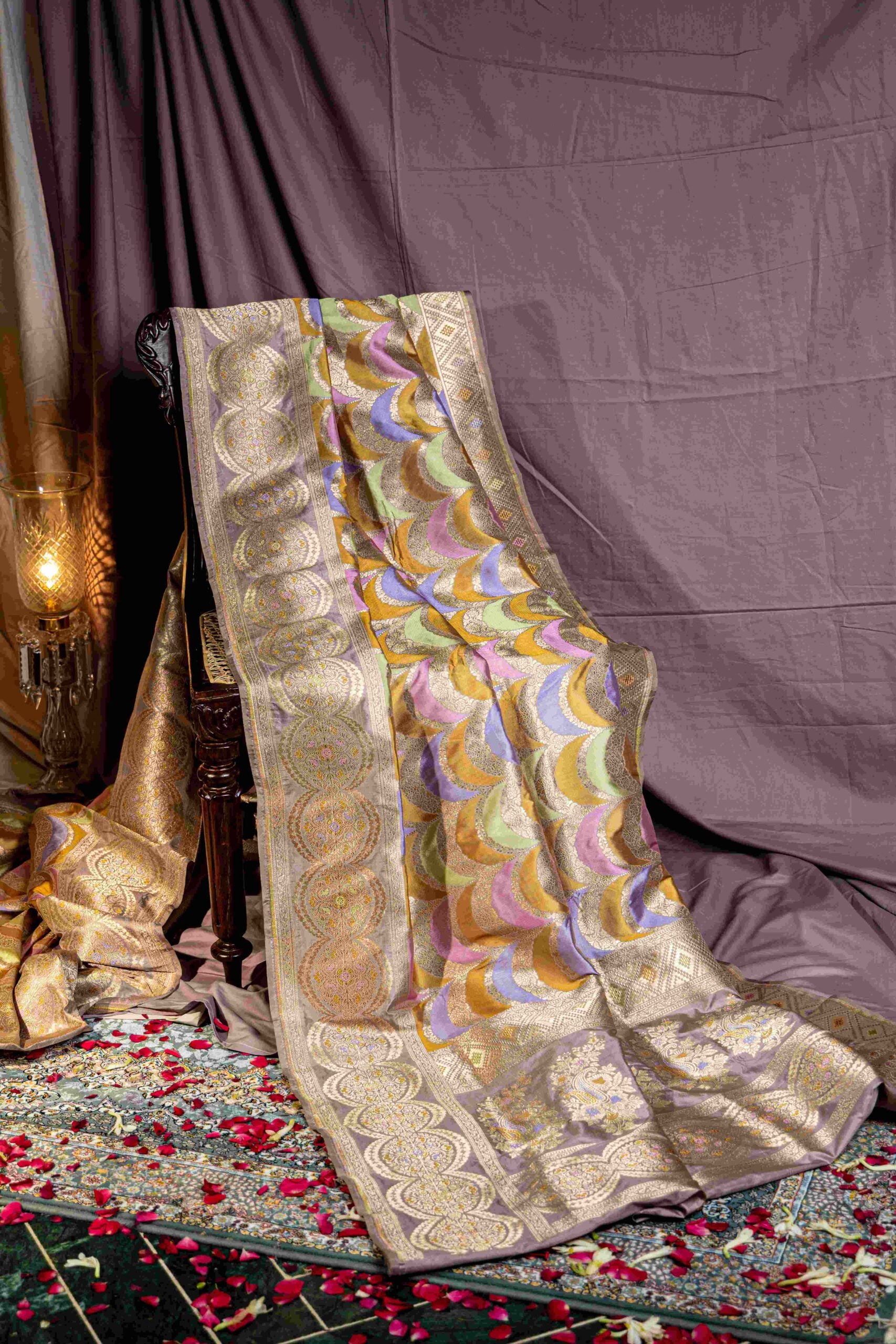 Pastel Benaras Silk Saree Chaand Motif Meenakari Mint Lavender Pink