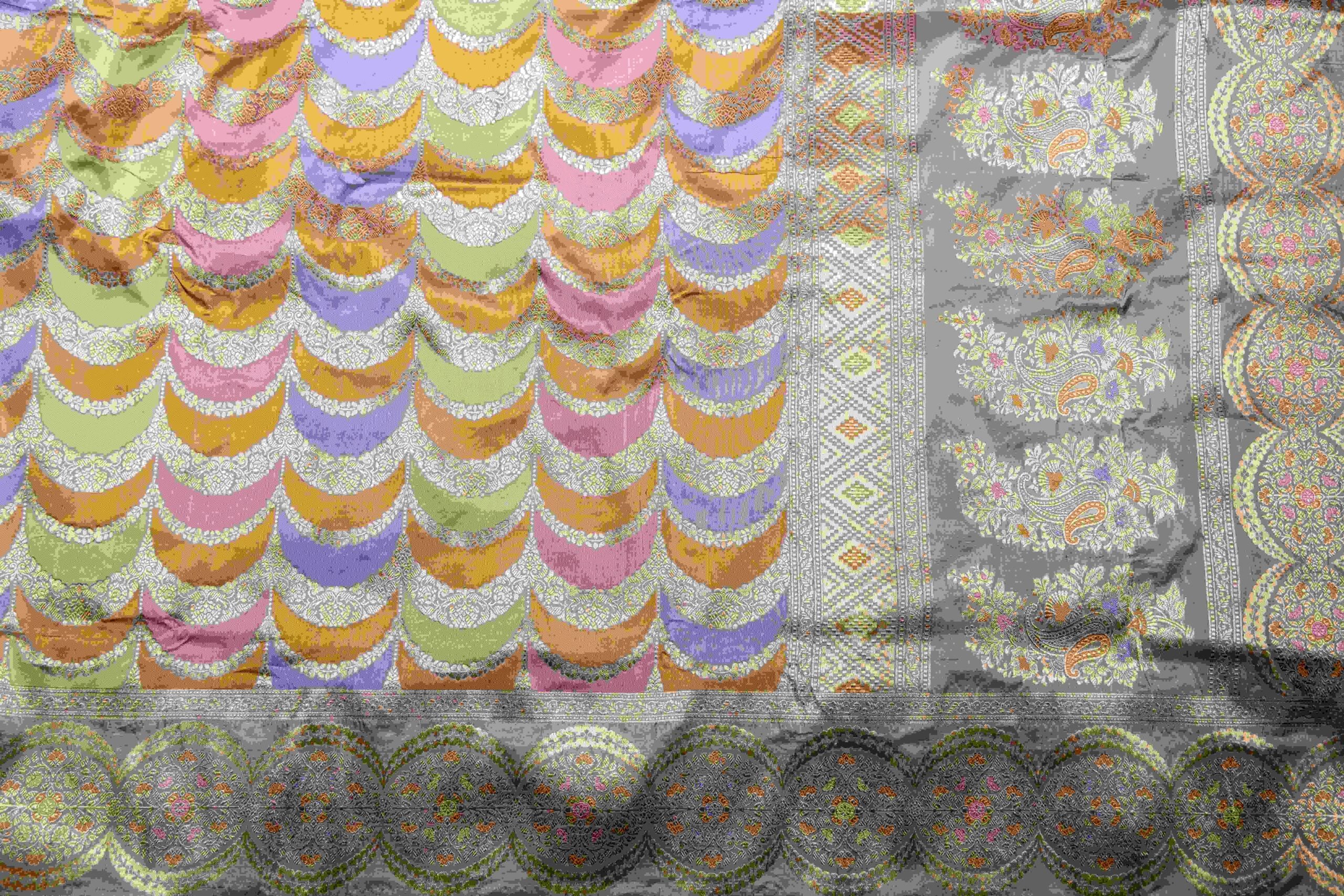 Pastel Benaras Silk Saree Chaand Motif Meenakari Mint Lavender Pink