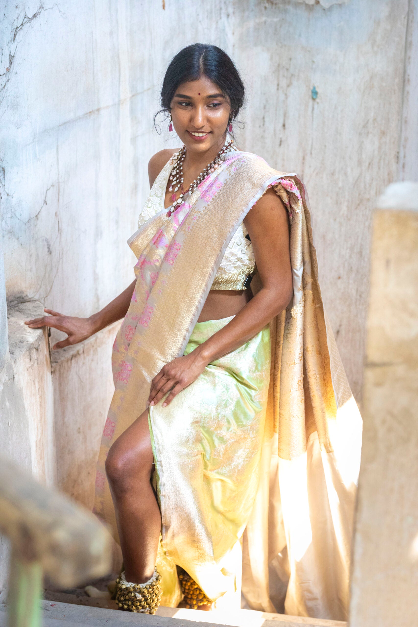 Pearl Grey Benaras Silk Saree Pastel Pink Lavender Jaal Meenakari Motifs