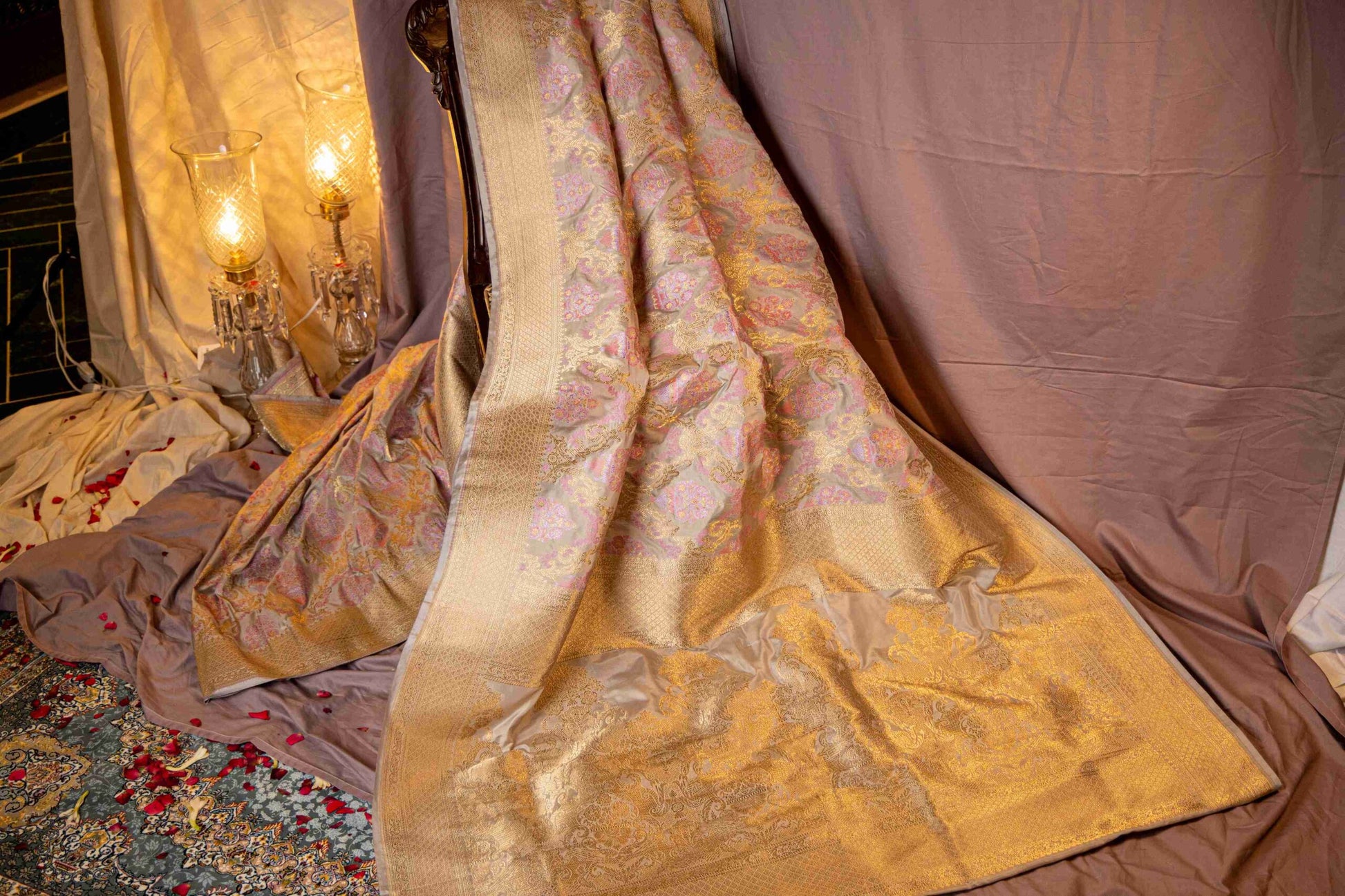 Pearl Grey Benaras Silk Saree Pastel Pink Lavender Jaal Meenakari Motifs