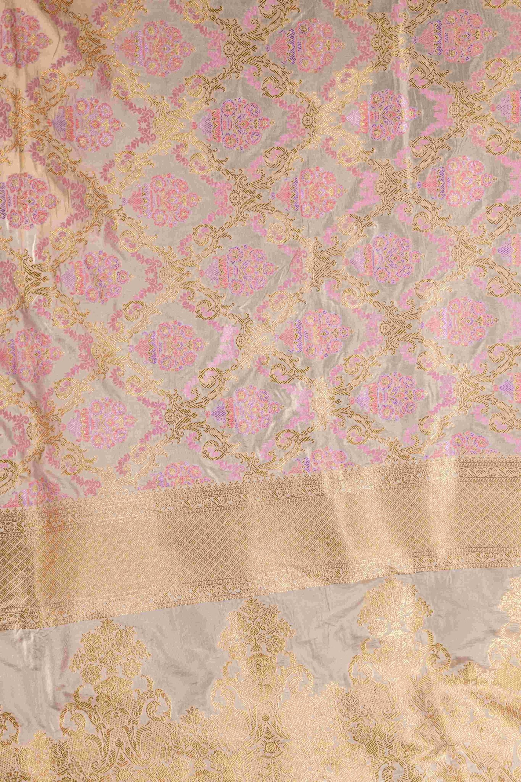 Pearl Grey Benaras Silk Saree Pastel Pink Lavender Jaal Meenakari Motifs