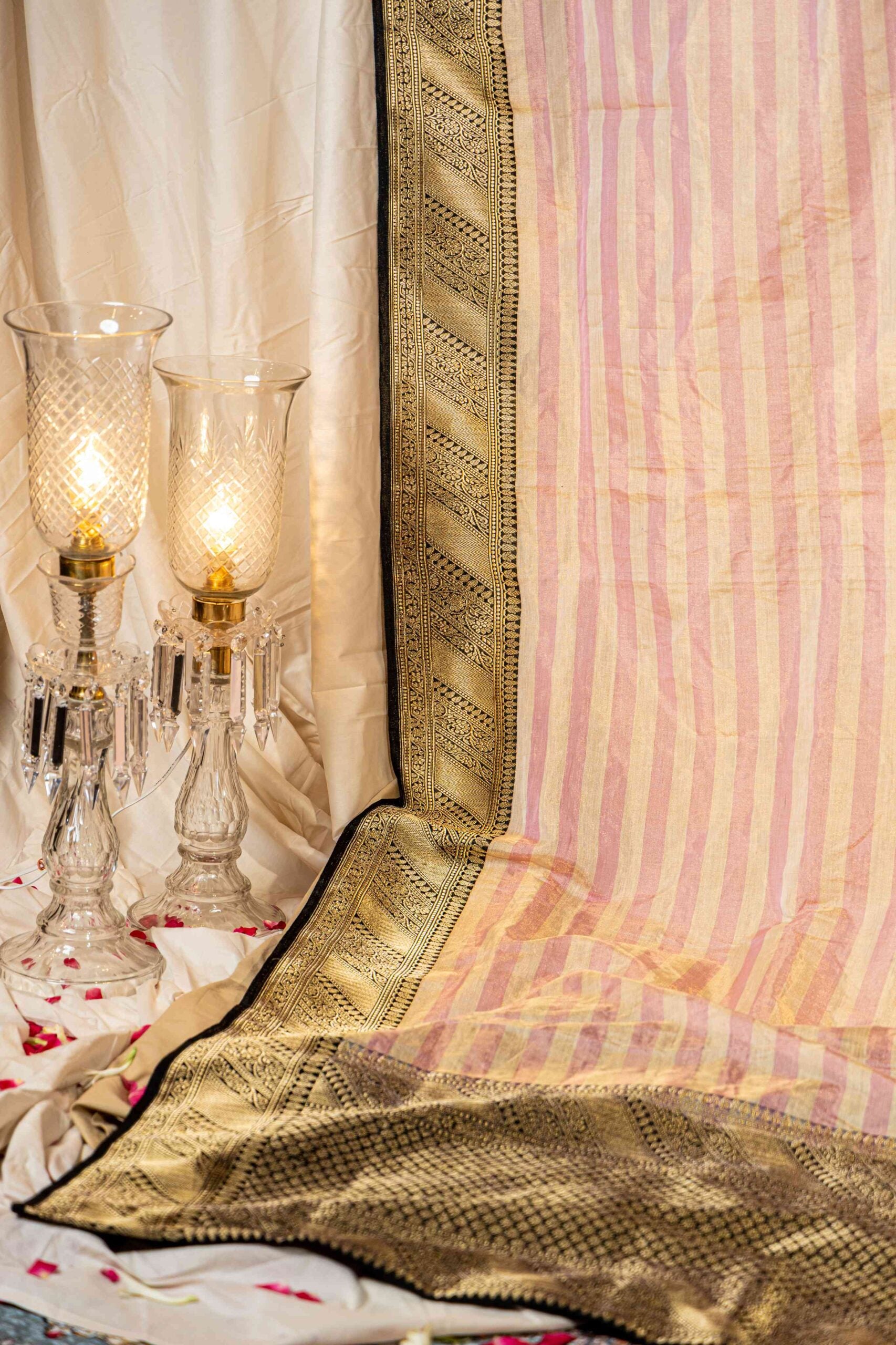 Pink Stripes with Black Benaras Tissue Saree - Modern Festive Saree