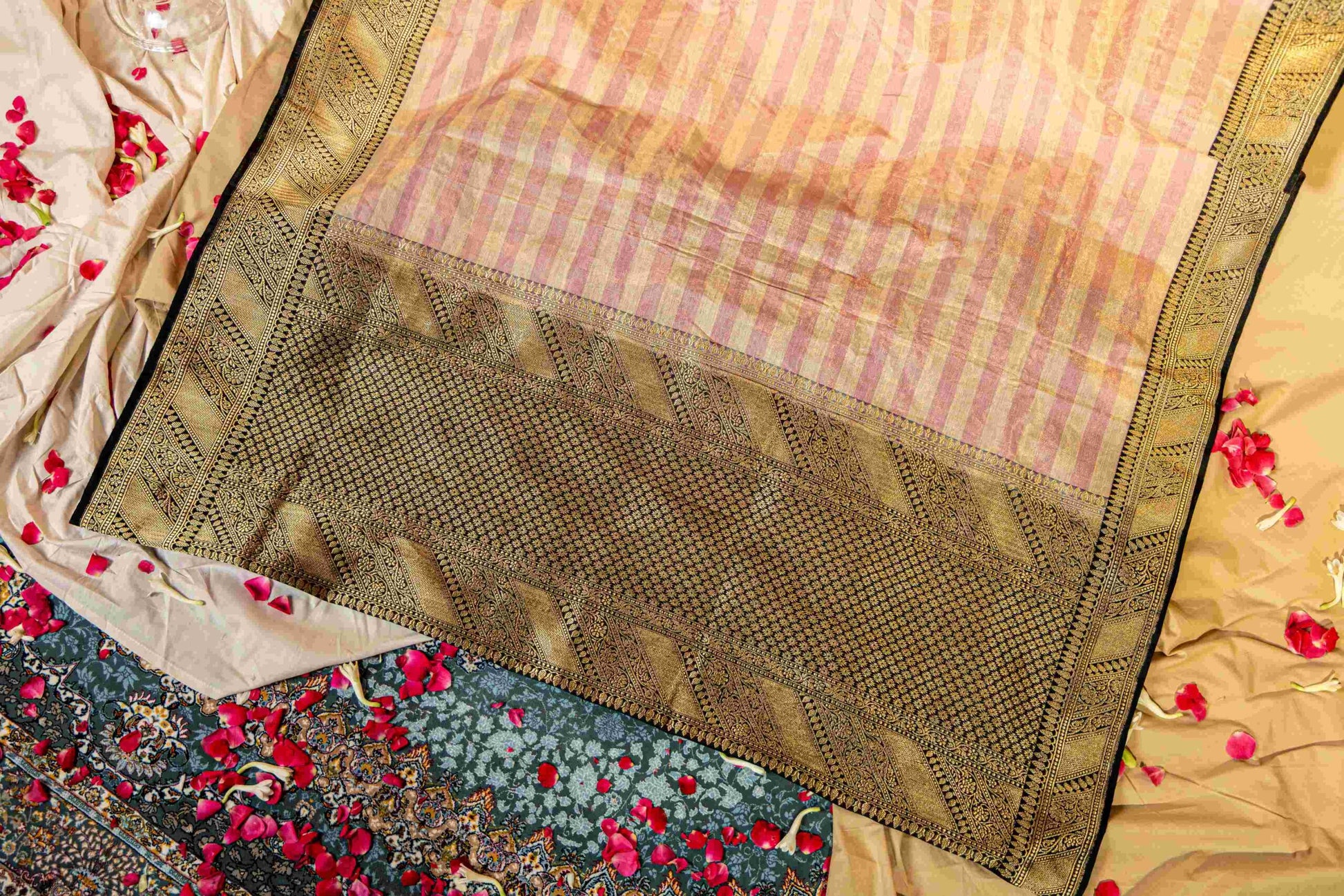 Pink Stripes with Black Benaras Tissue Saree - Modern Festive Saree