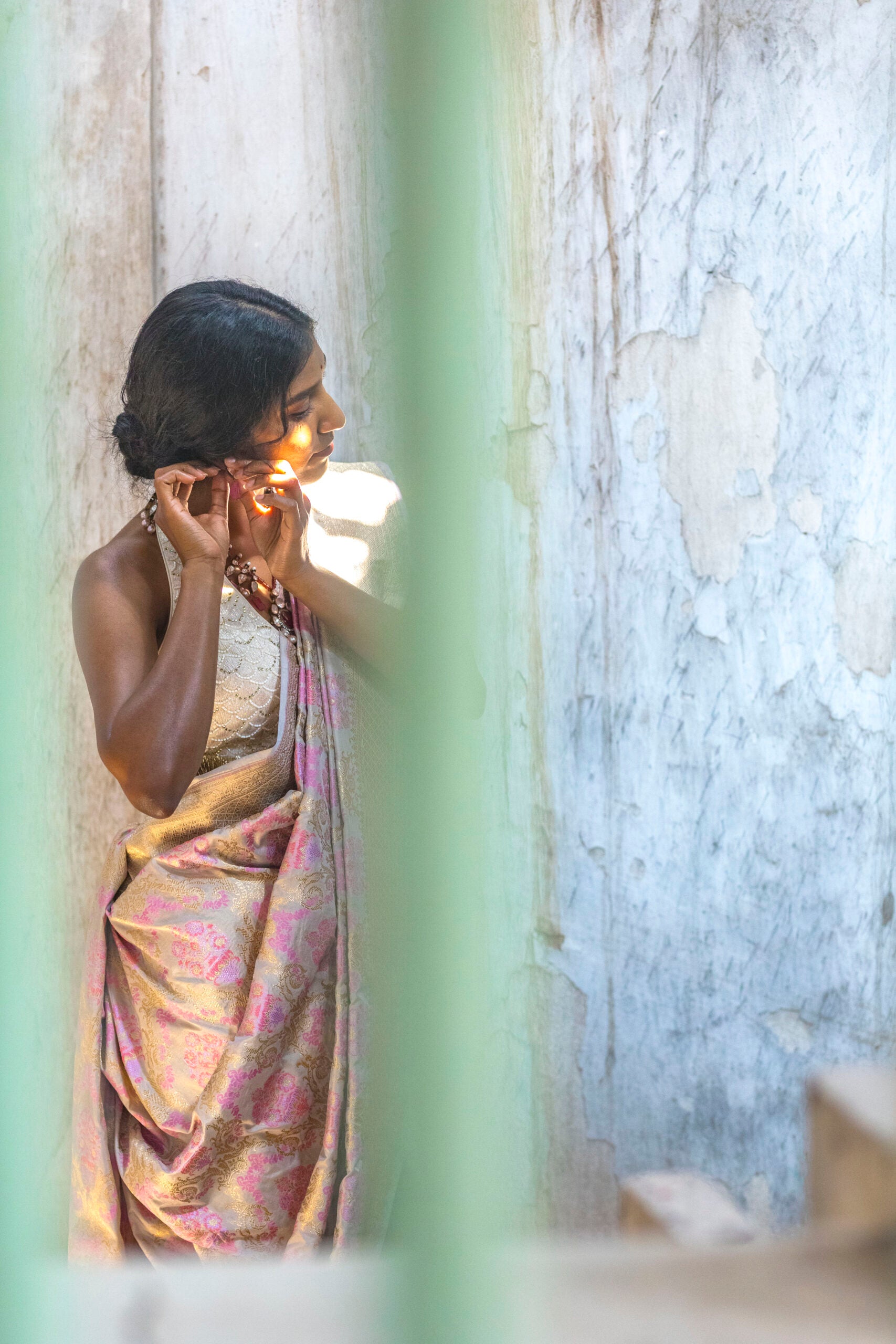 Pearl Grey Benaras Silk Saree Pastel Pink Lavender Jaal Meenakari Motifs