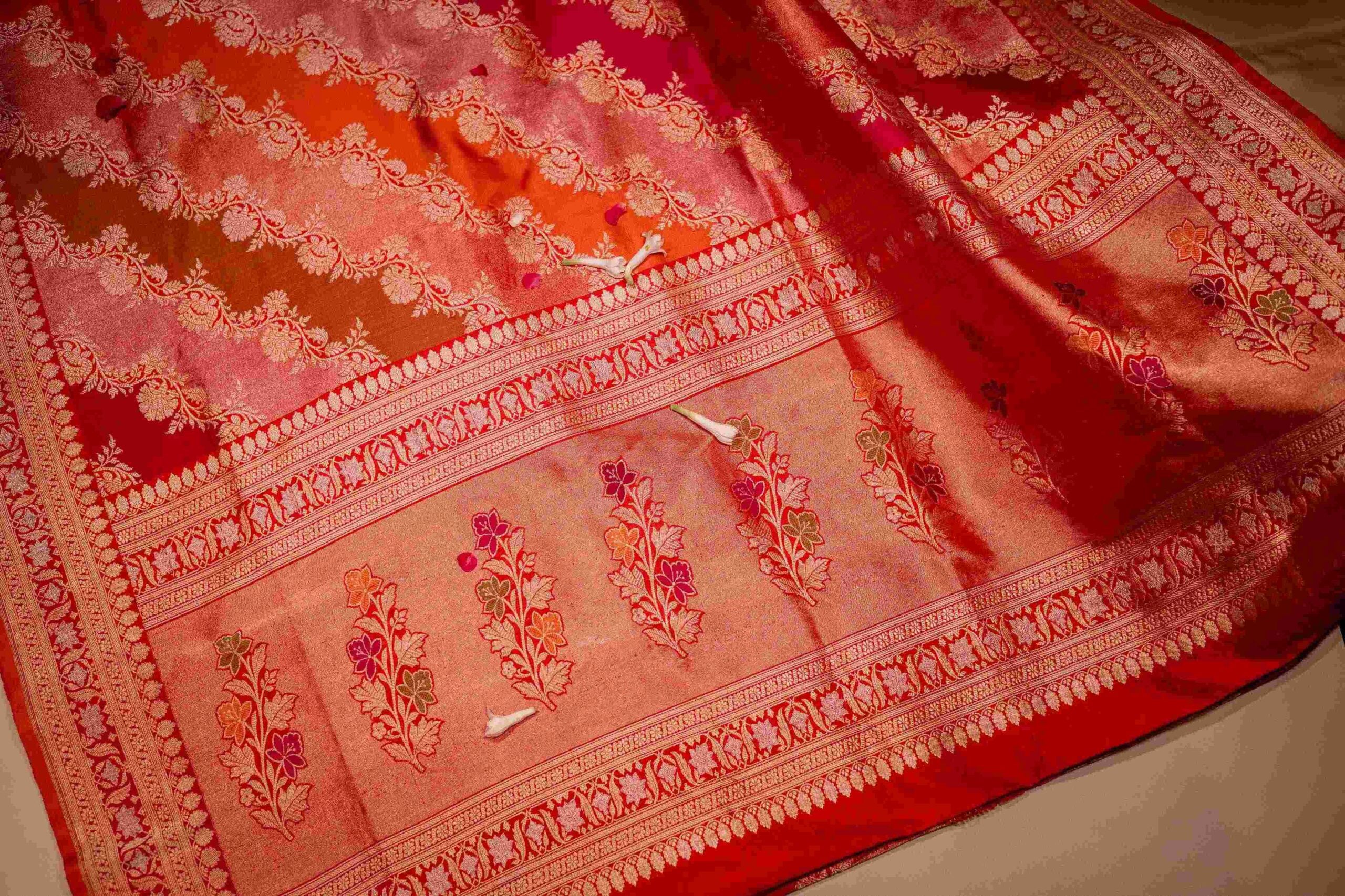 Crimson Pink Mustard Orange Tissue Silk Rangkat Cross Benaras Saree