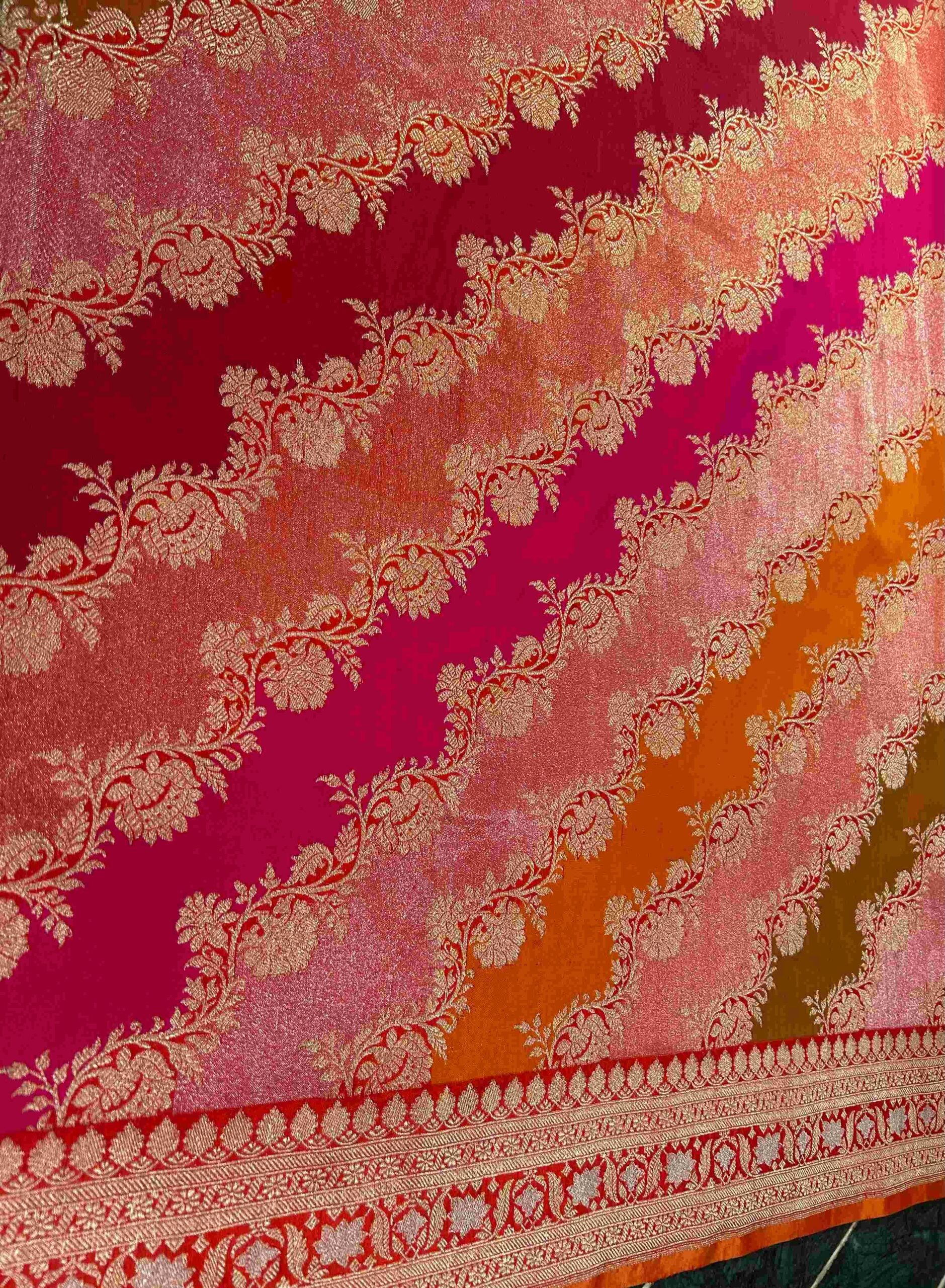 Crimson Pink Mustard Orange Tissue Silk Rangkat Cross Benaras Saree