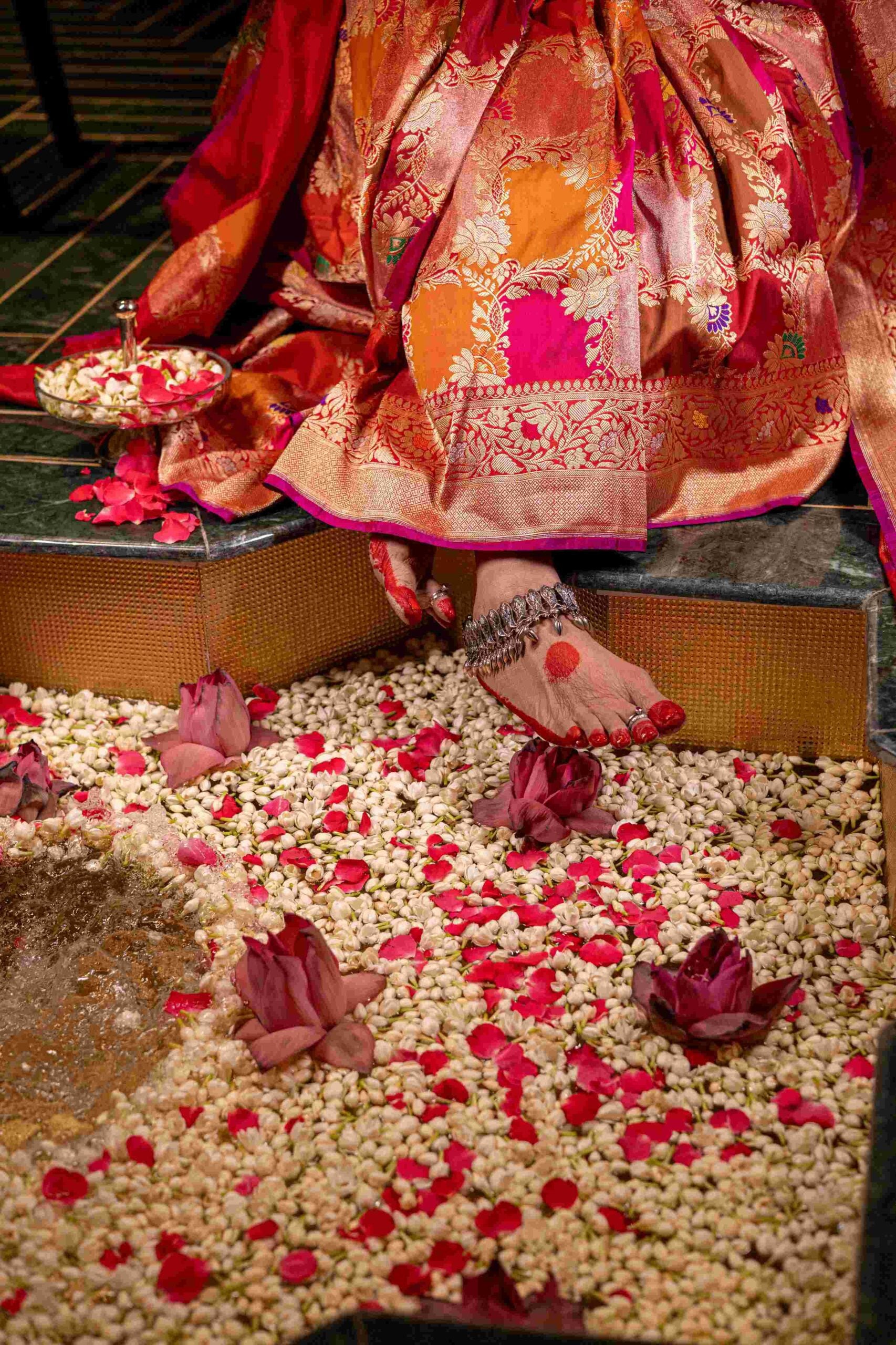 Red Pink Mustard Orange Tissue Silk Rangkat Square Benaras Saree