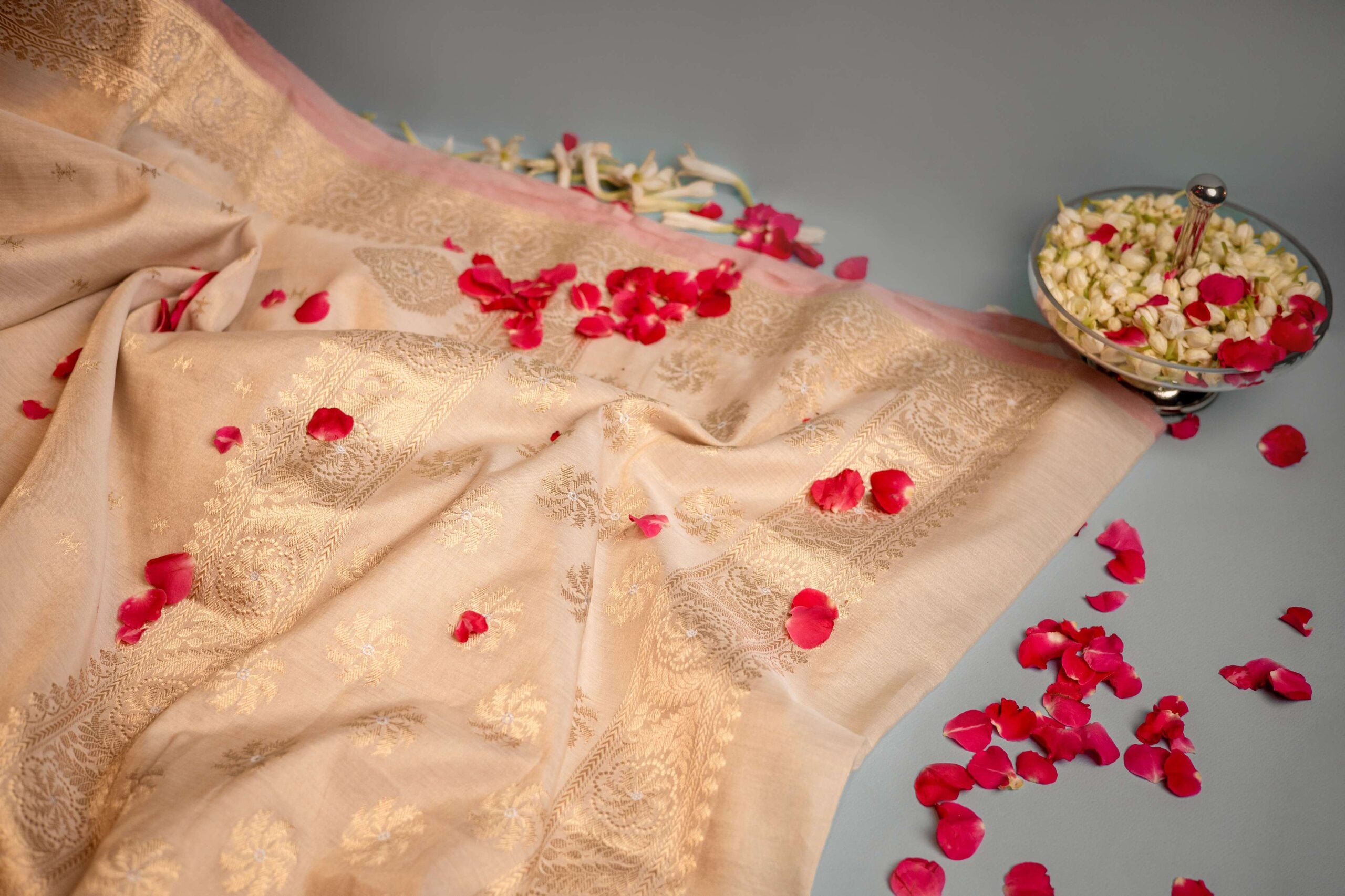 Beige Tissue Benaras Saree Pink Trim Gold Zari Embossed Borders