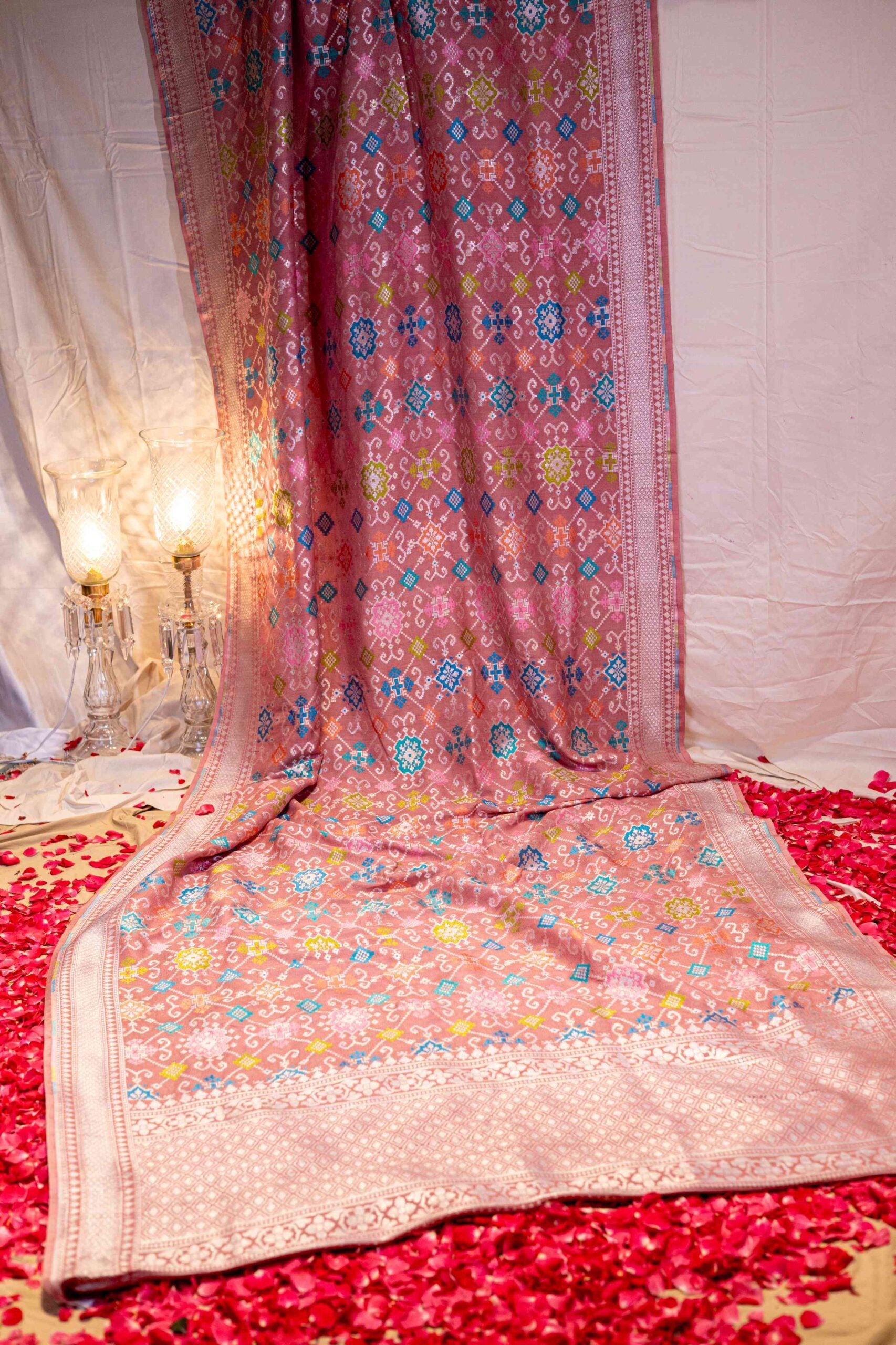 Pink Tusar Silk Benaras Saree Ikat Pattern Contemporary Design
