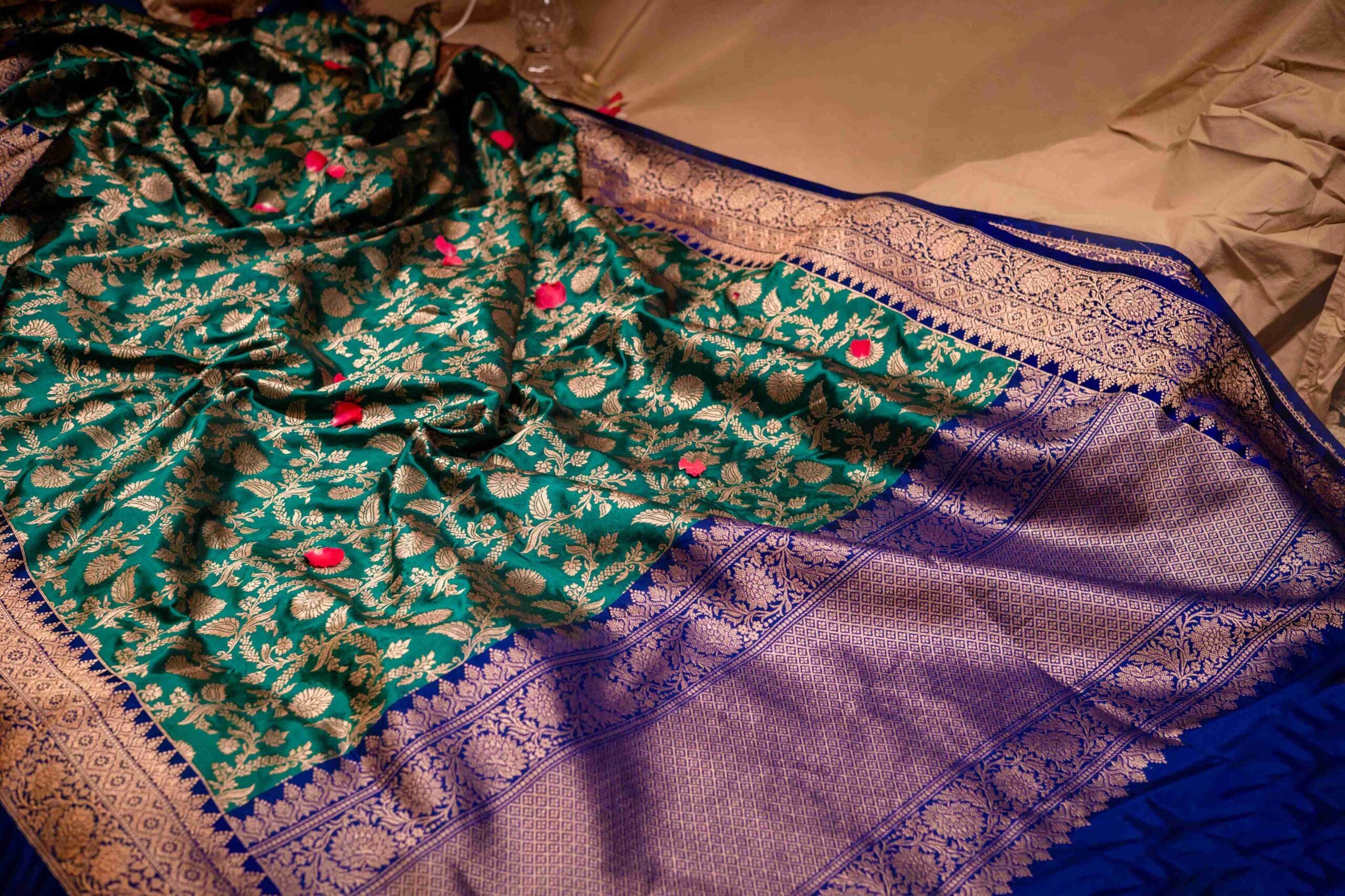 Emerald Green Royal Blue Benaras Silk Saree Gold Zari Jaal Khadwa Weave