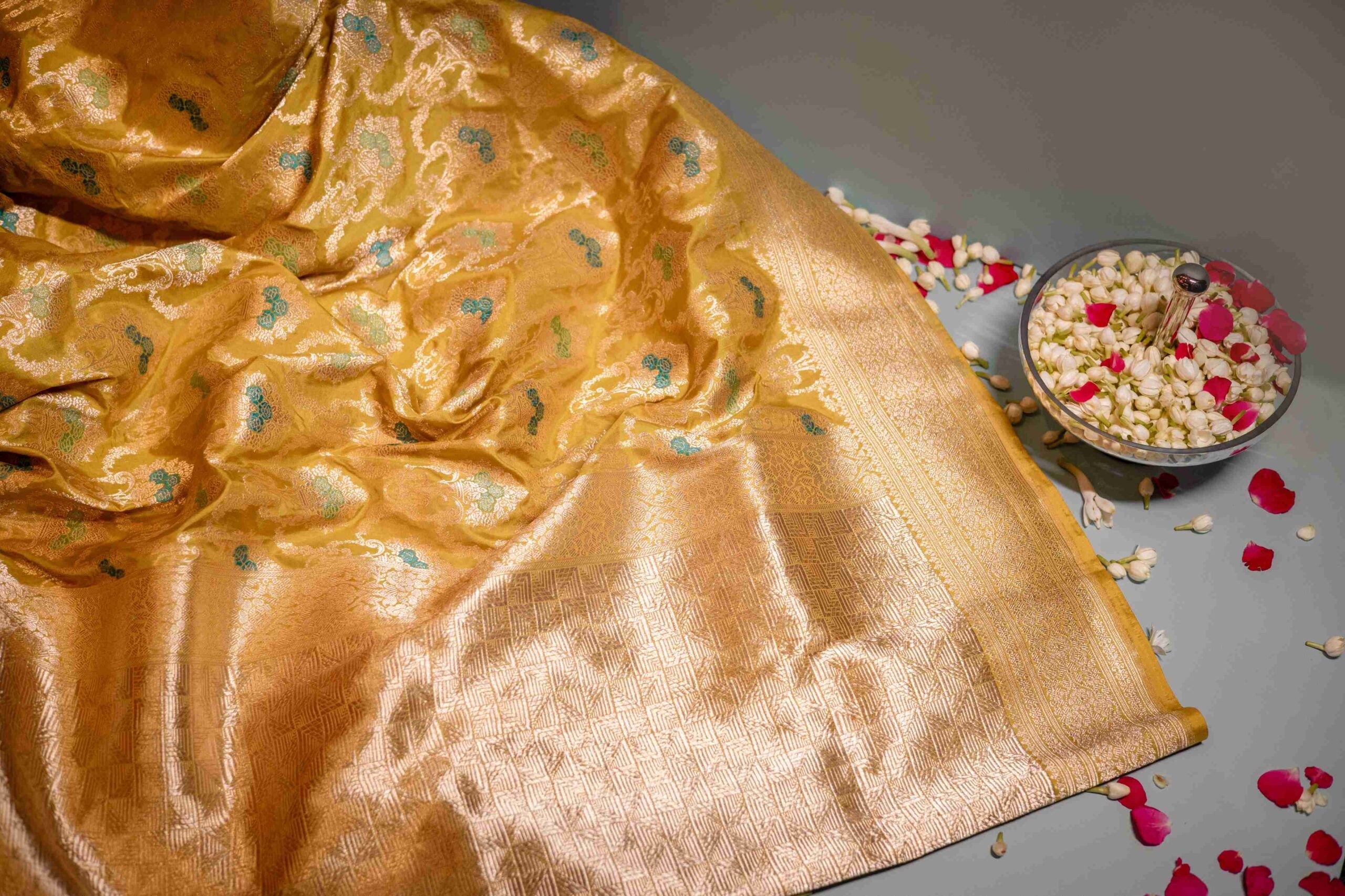 Green Benaras Silk Saree Chandelier Jaal Meenakari Blue Threads