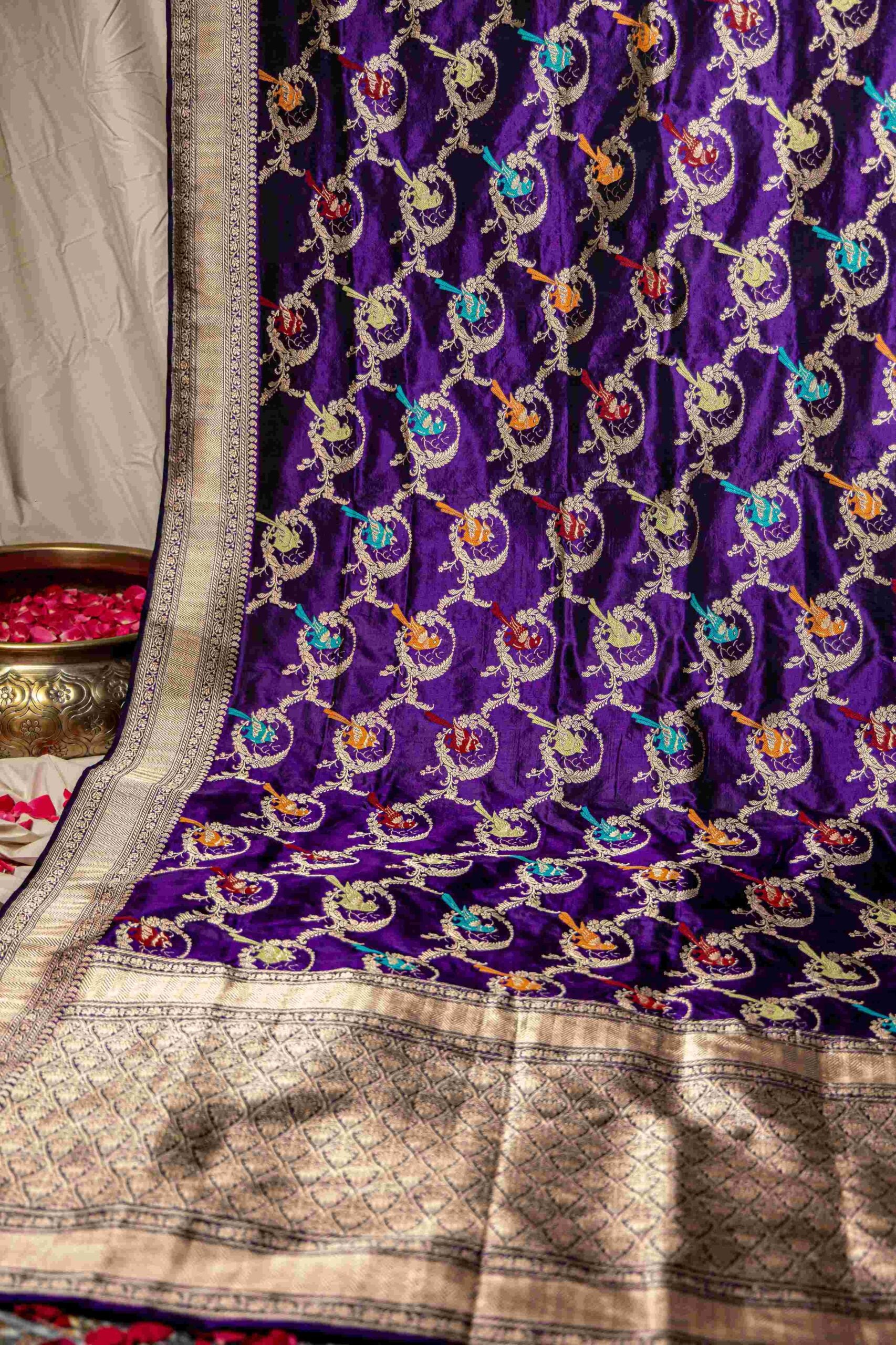 Aubergine Violet Benaras Silk Saree Bird Meenakari Jaal Orange Blue Maroon