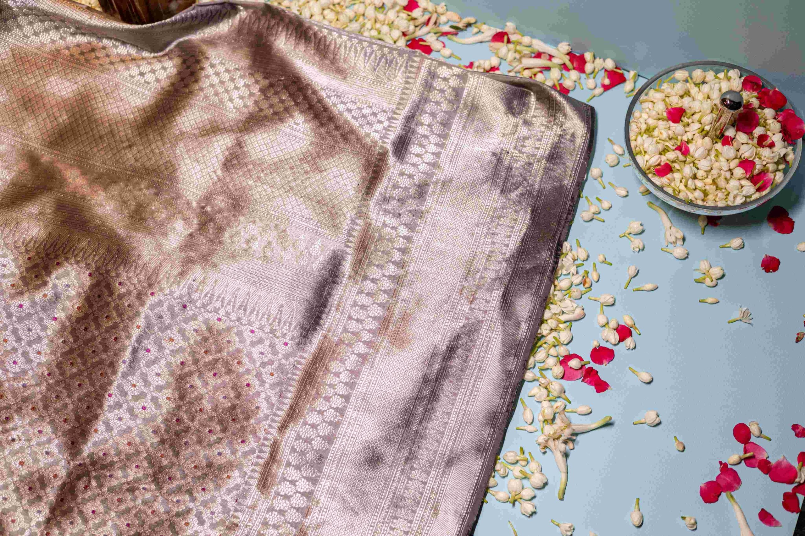 Grey Benaras Silk Saree Pink Orange Maze Meenakari Silver Zari