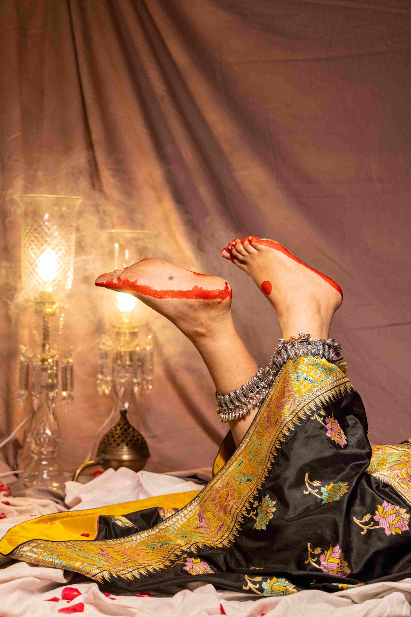 Black Benaras Silk Saree Kamal Motif Meenakari Sea Blue Mauve Yellow