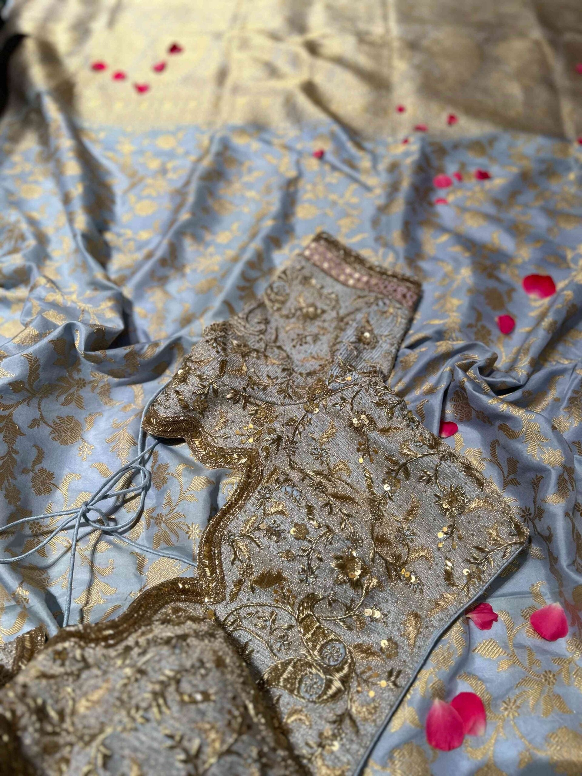 Pastel Blue Benaras Silk Saree Gold Zari Jaal Lavender Trim Blouse