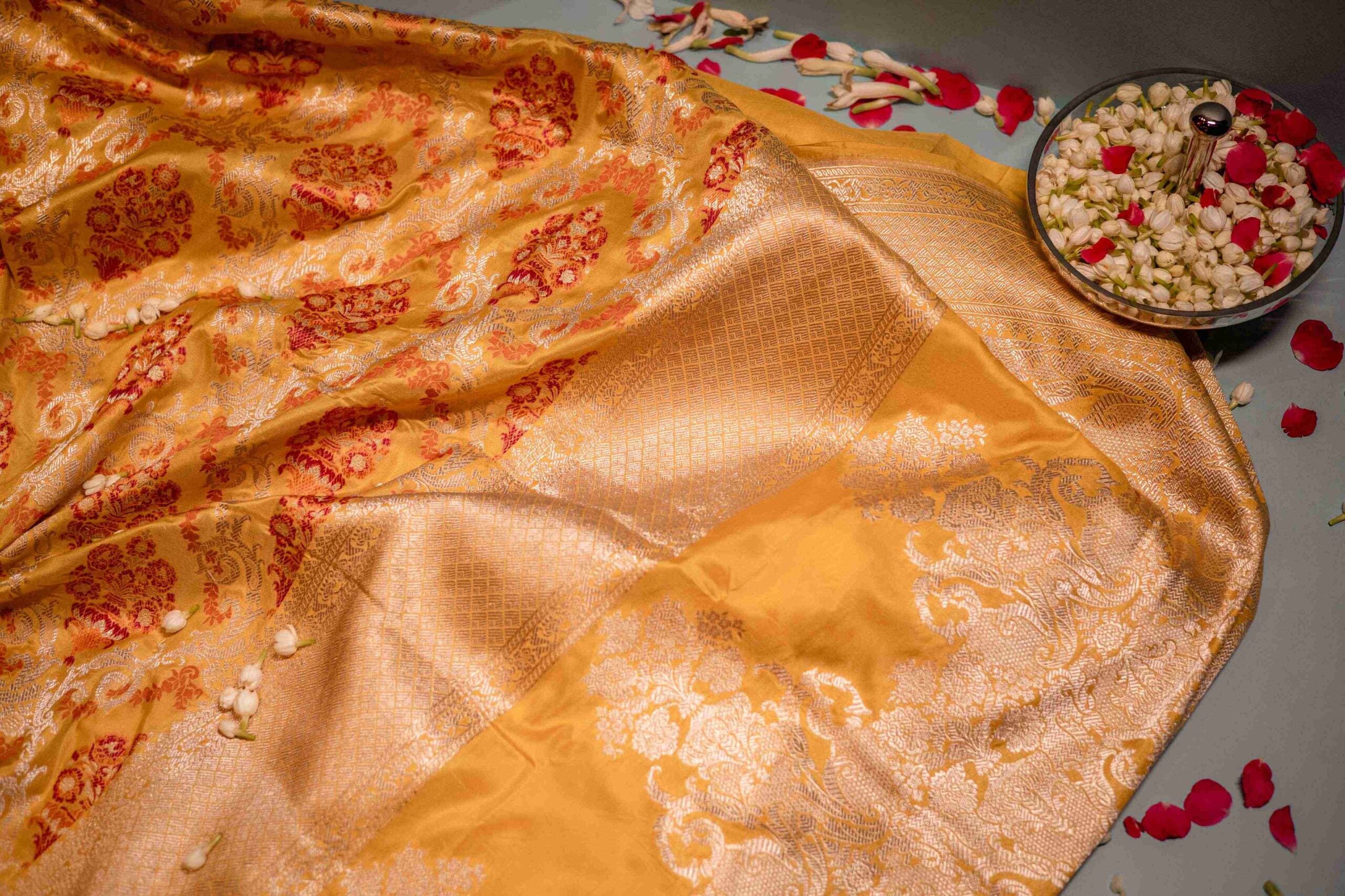 Yellow Benaras Silk Saree Orange Red Jaal Meenakari Gold Zari Border