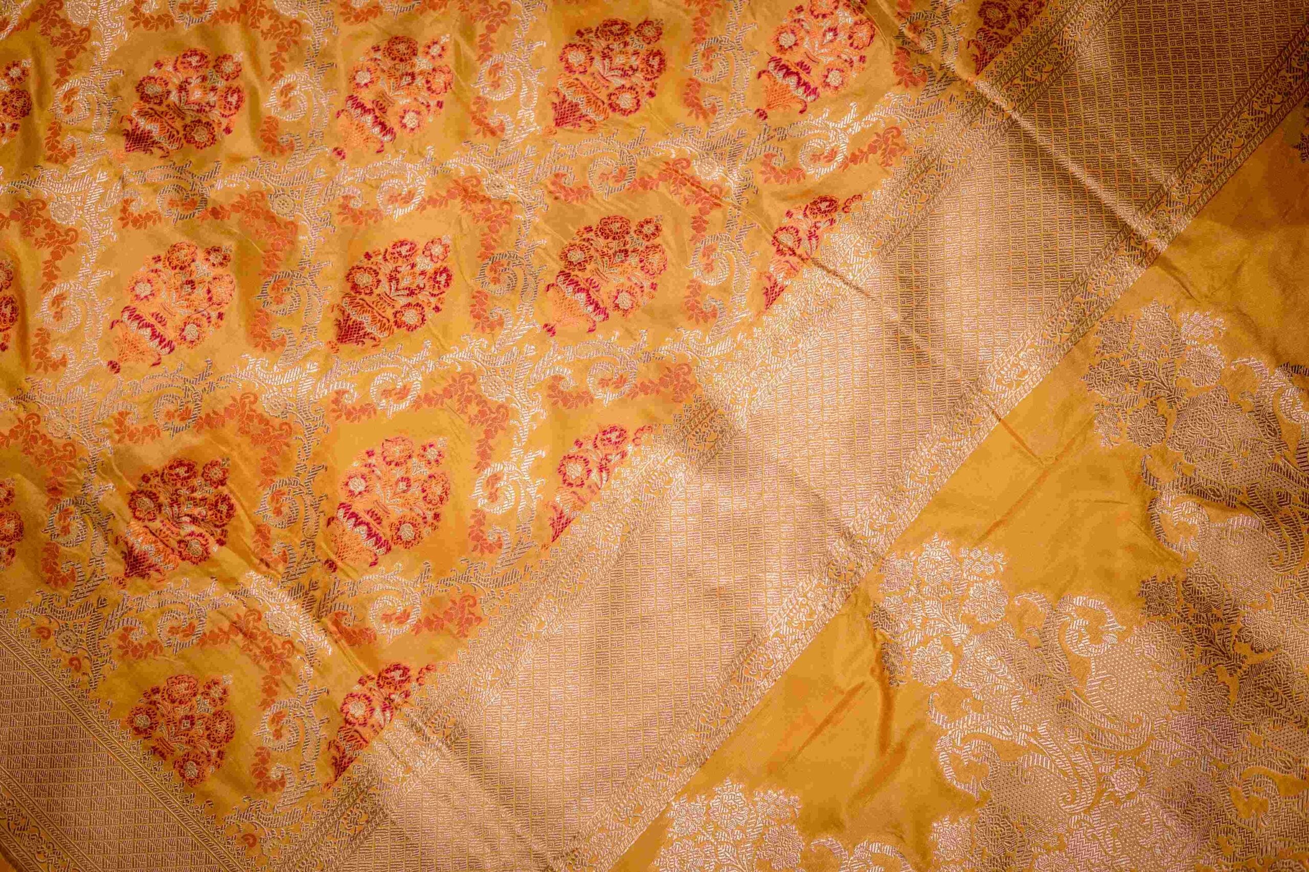 Yellow Benaras Silk Saree Orange Red Jaal Meenakari Gold Zari Border