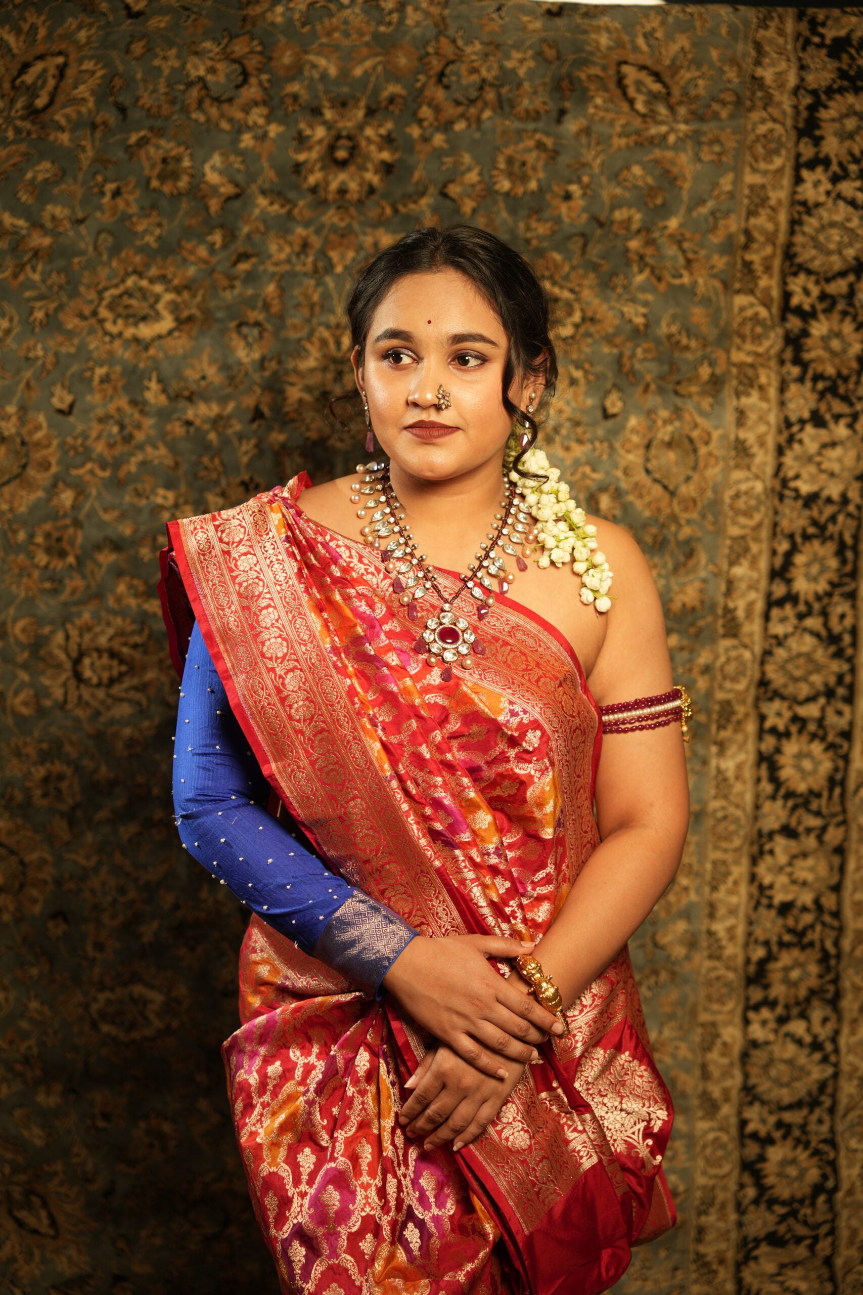 Red Orange Benaras Silk Saree Vibrant Rangkat Weave Geometric