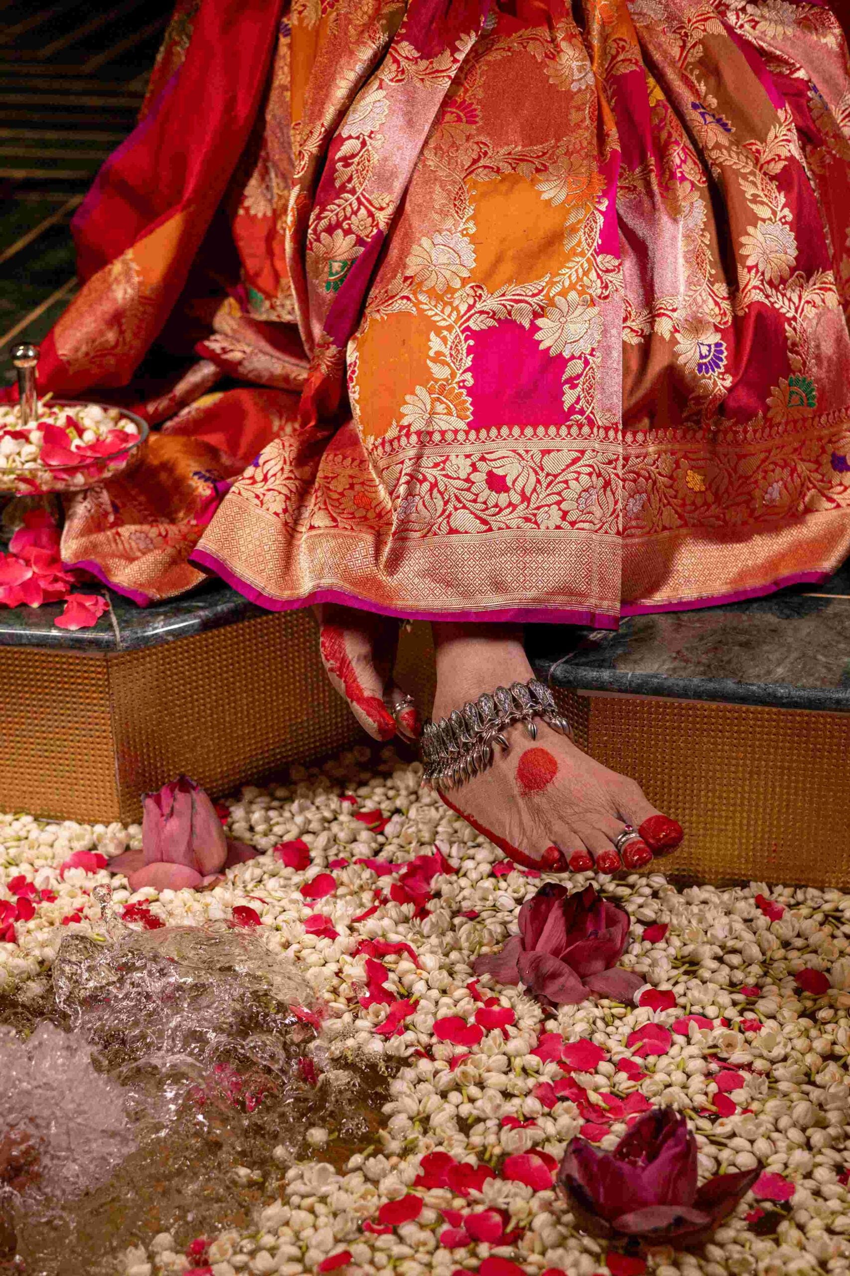 Red Pink Mustard Orange Tissue Silk Rangkat Square Benaras Saree