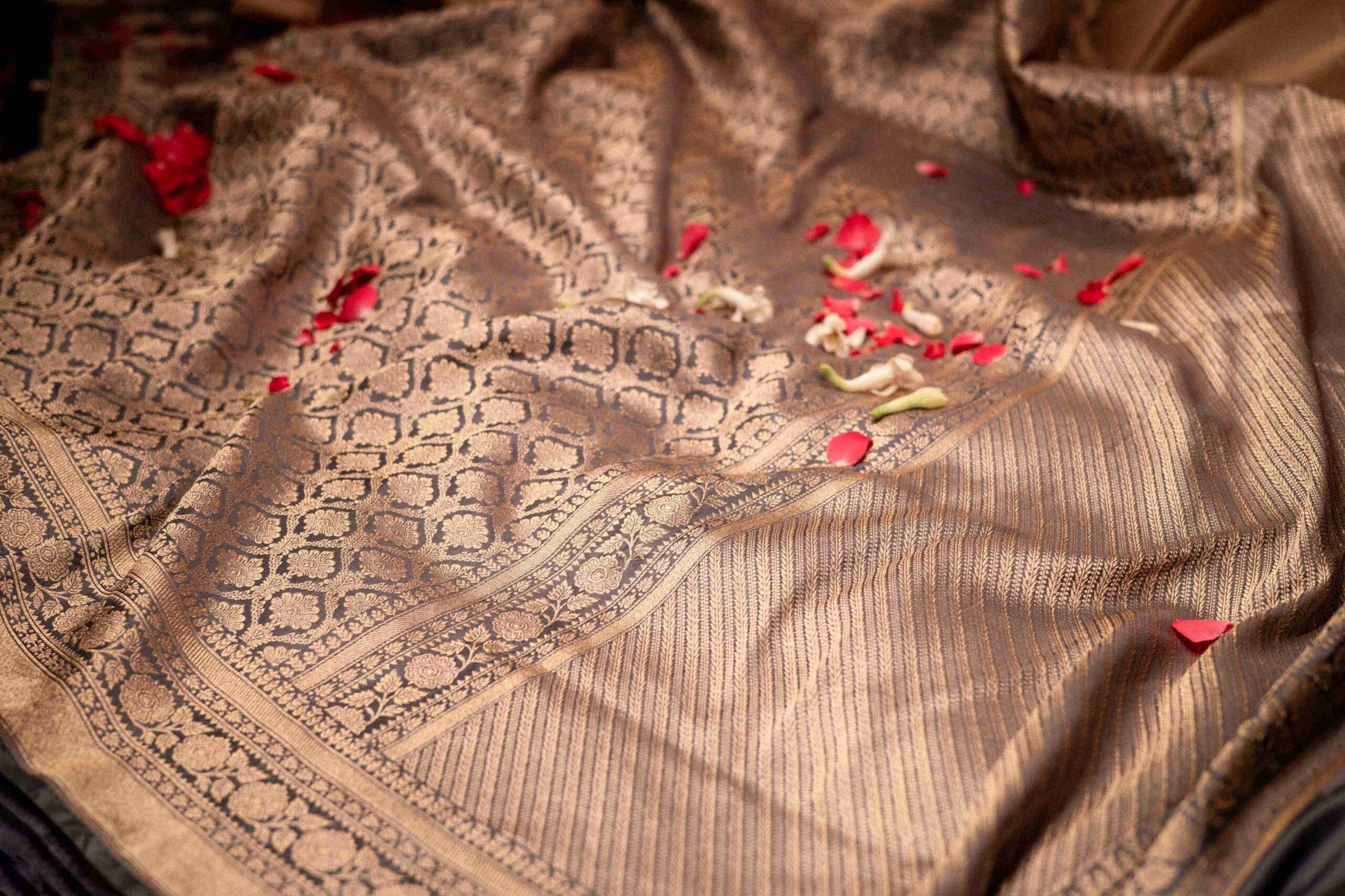 Grey Benaras Silk Saree with Gold Brocade Work Timeless Elegance