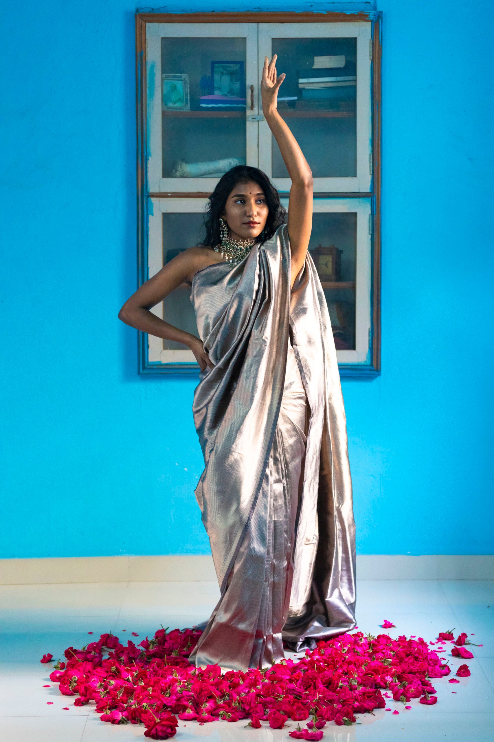 Grey Benaras Silk Saree Intricate Silver Zari Work
