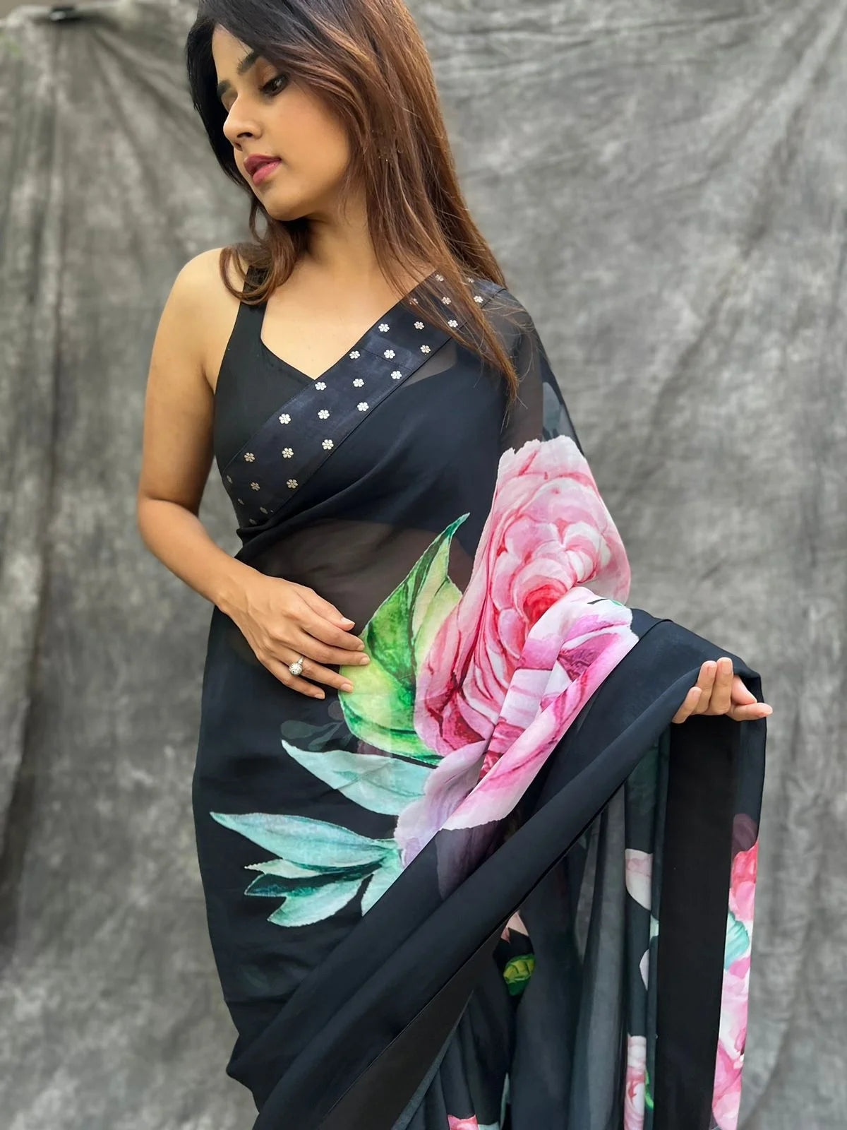 Black Orchid Floral Printed Organza Saree with Brocade Blouse - Party Wear Saree