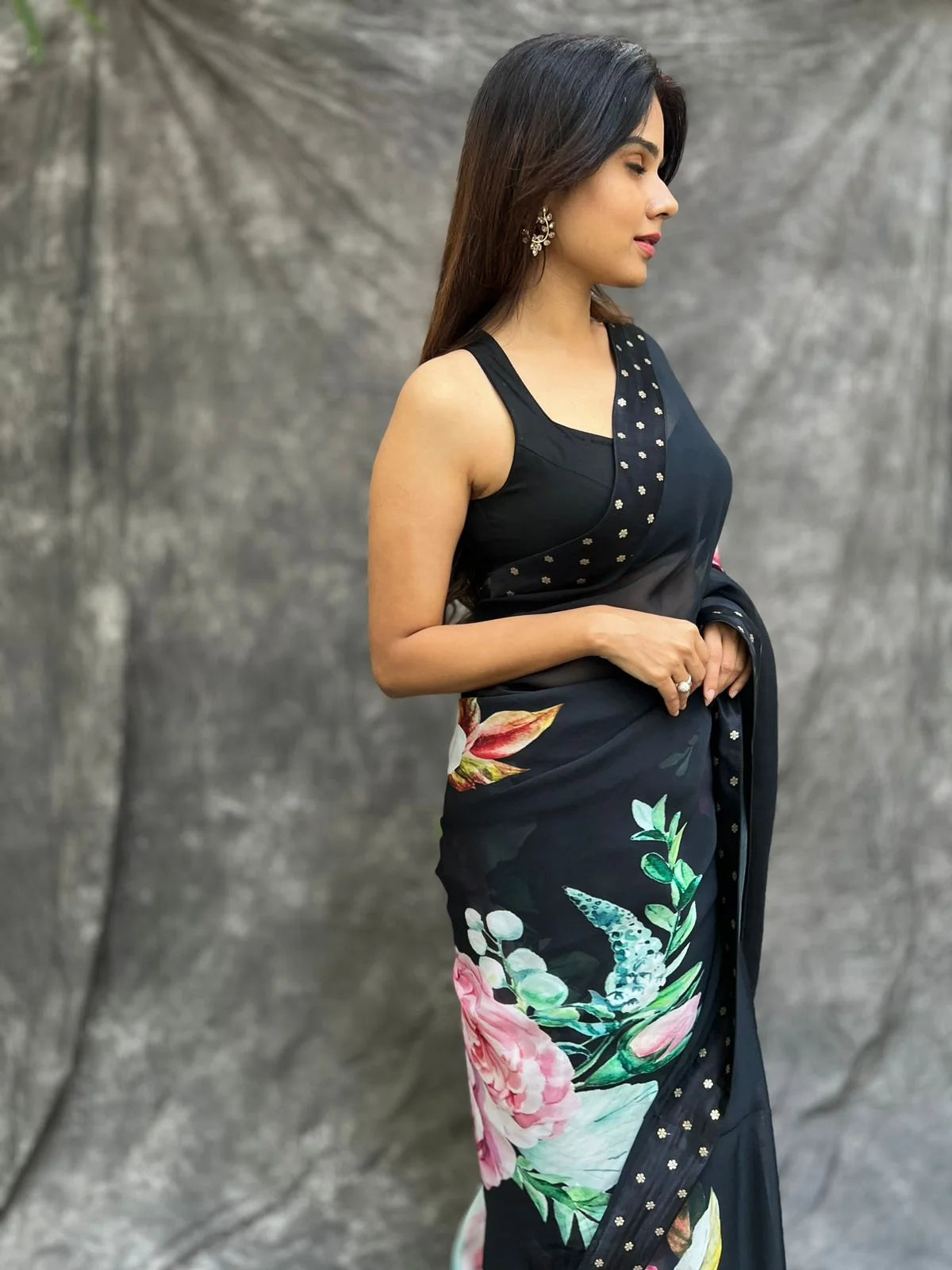 Black Orchid Floral Printed Organza Saree with Brocade Blouse - Party Wear Saree