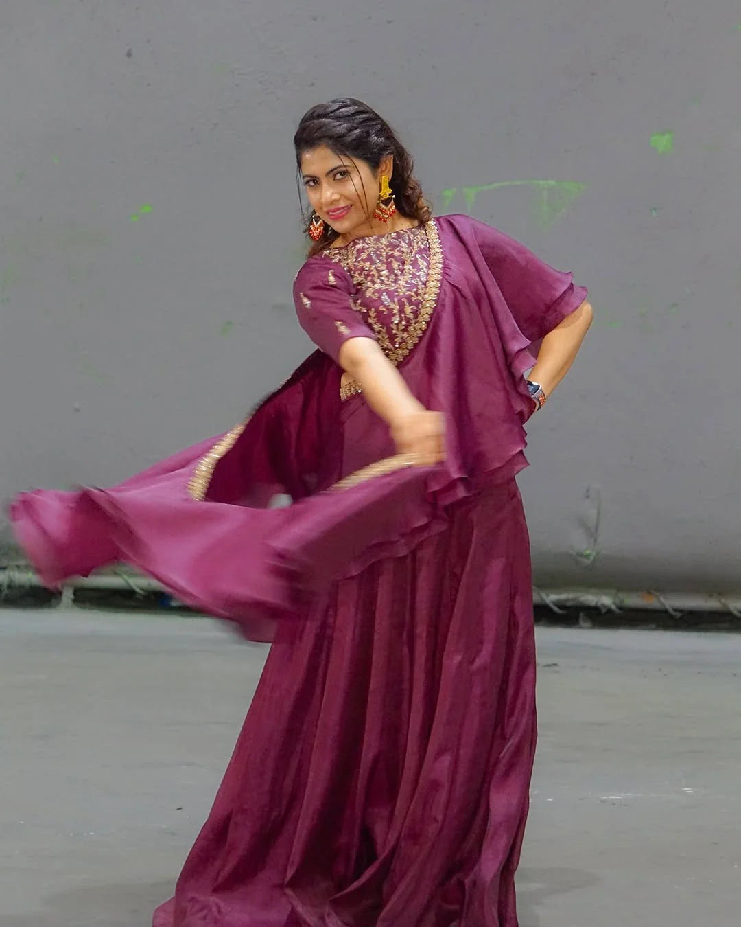 Elegant Burgundy Organza Lehenga Ruffle Dupatta Zari Zardosi