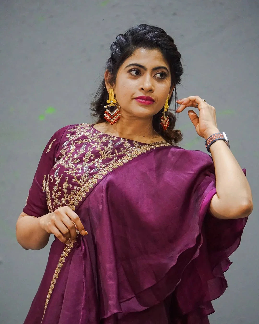 Elegant Burgundy Organza Lehenga Ruffle Dupatta Zari Zardosi