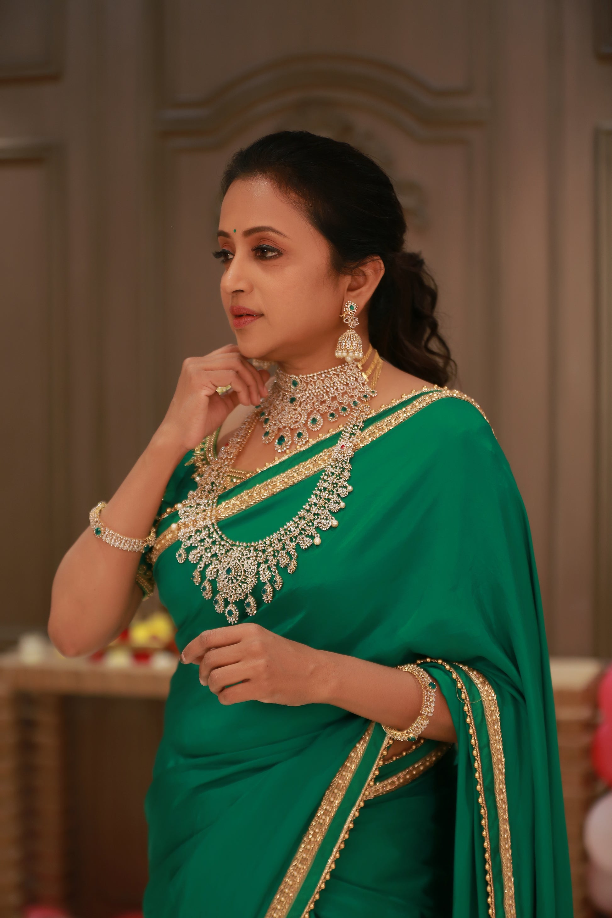 Green Silk Saree Cutdana Beads Double Border Raw Silk Zardosi Blouse