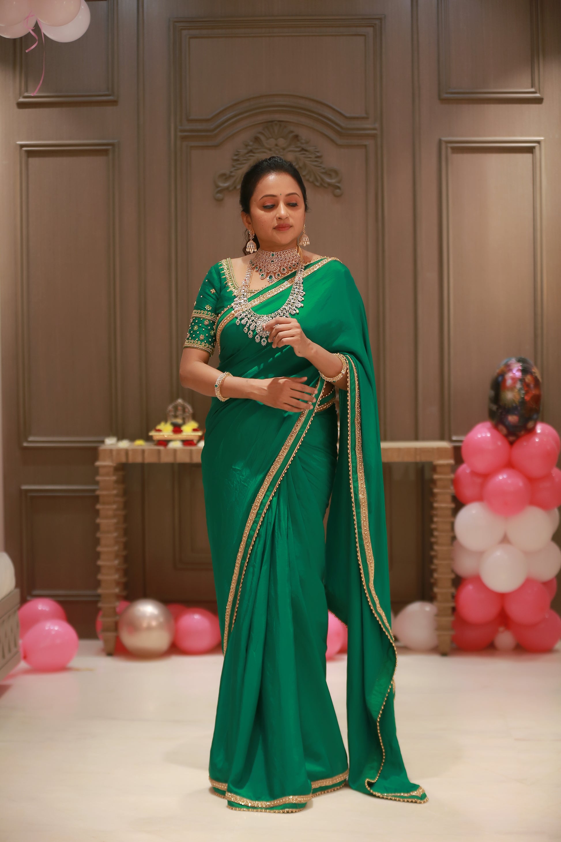Green Silk Saree Cutdana Beads Double Border Raw Silk Zardosi Blouse