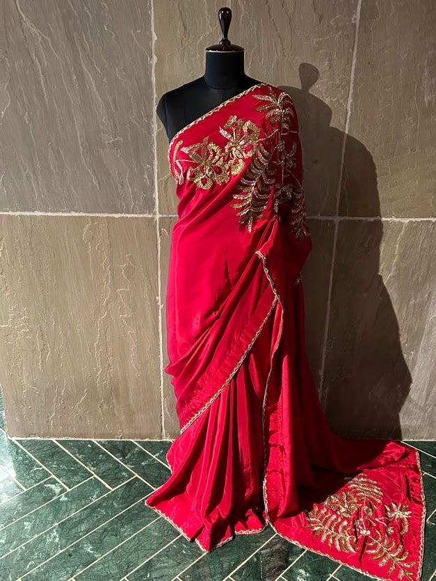 Red Chiffon Saree Gulmohar Flower Zardozi Embroidery
