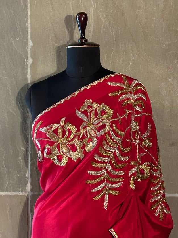 Red Chiffon Saree Gulmohar Flower Zardozi Embroidery