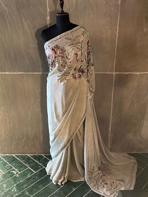 Pearl Grey Chiffon Saree Gulmohar Zardozi Nakshi Pitai Border