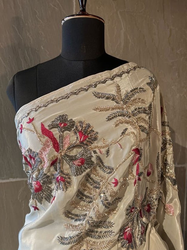Pearl Grey Chiffon Saree Gulmohar Zardozi Nakshi Pitai Border