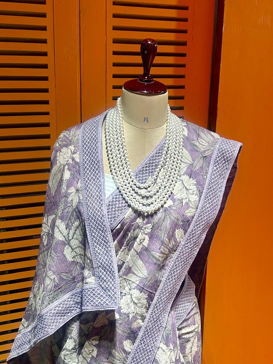 Lavender Chiffon Cotton Saree Digital Flora Print Chikankari Borders
