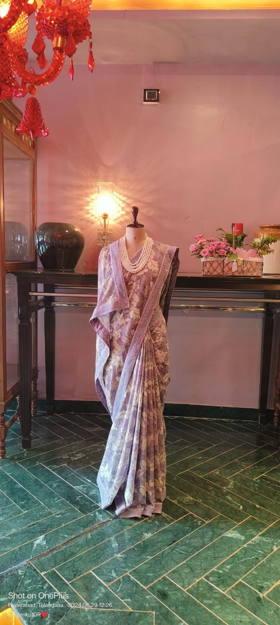 Lavender Chiffon Cotton Saree Digital Flora Print Chikankari Borders
