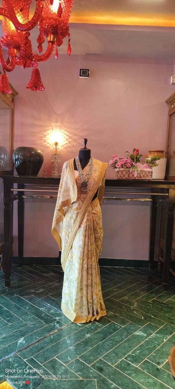 Mustard Yellow Chiffon Cotton Saree Digital Floral Chikankari Borders