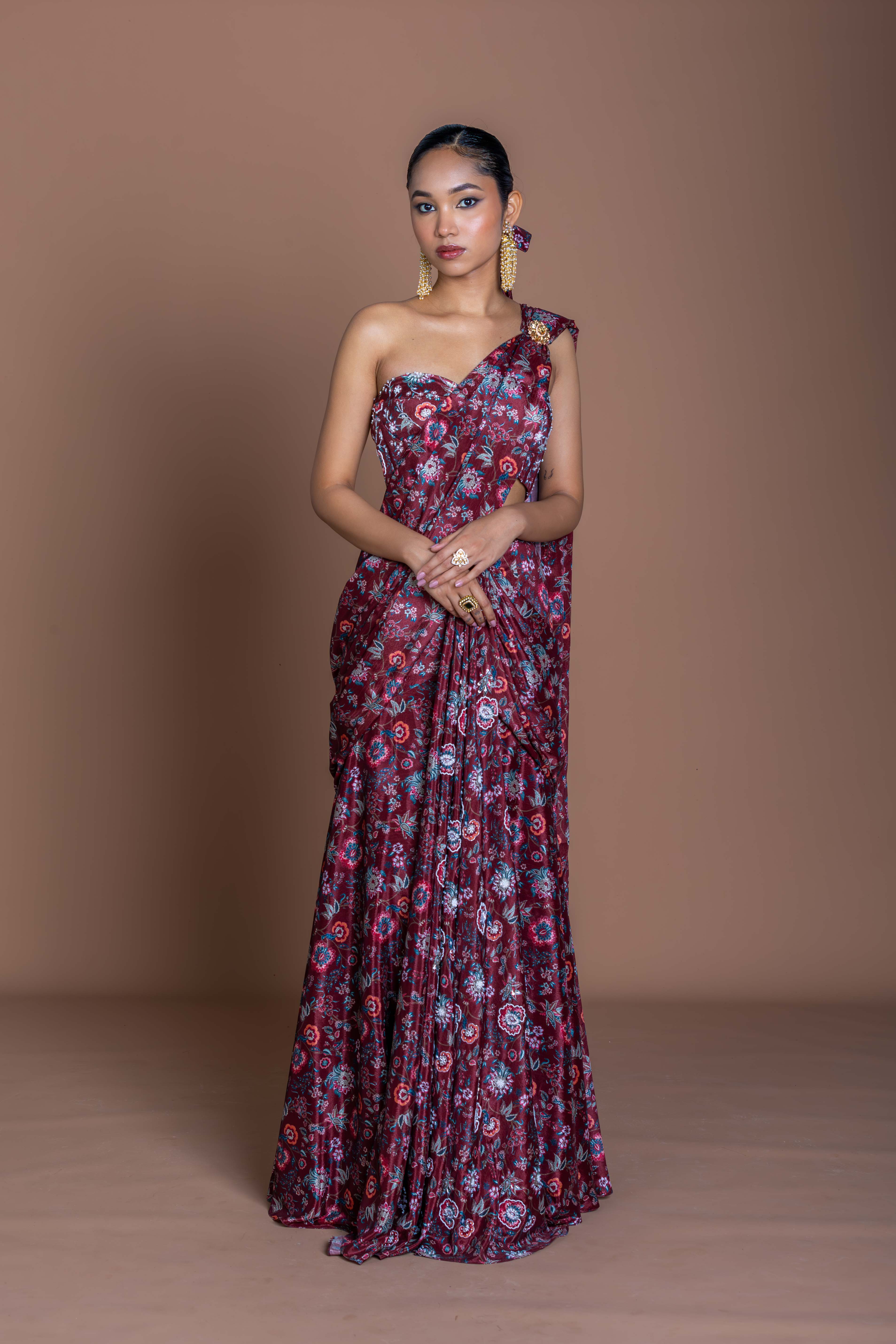 Maroon Floral One-Shoulder Draped Saree Gown with Embroidered Bustier