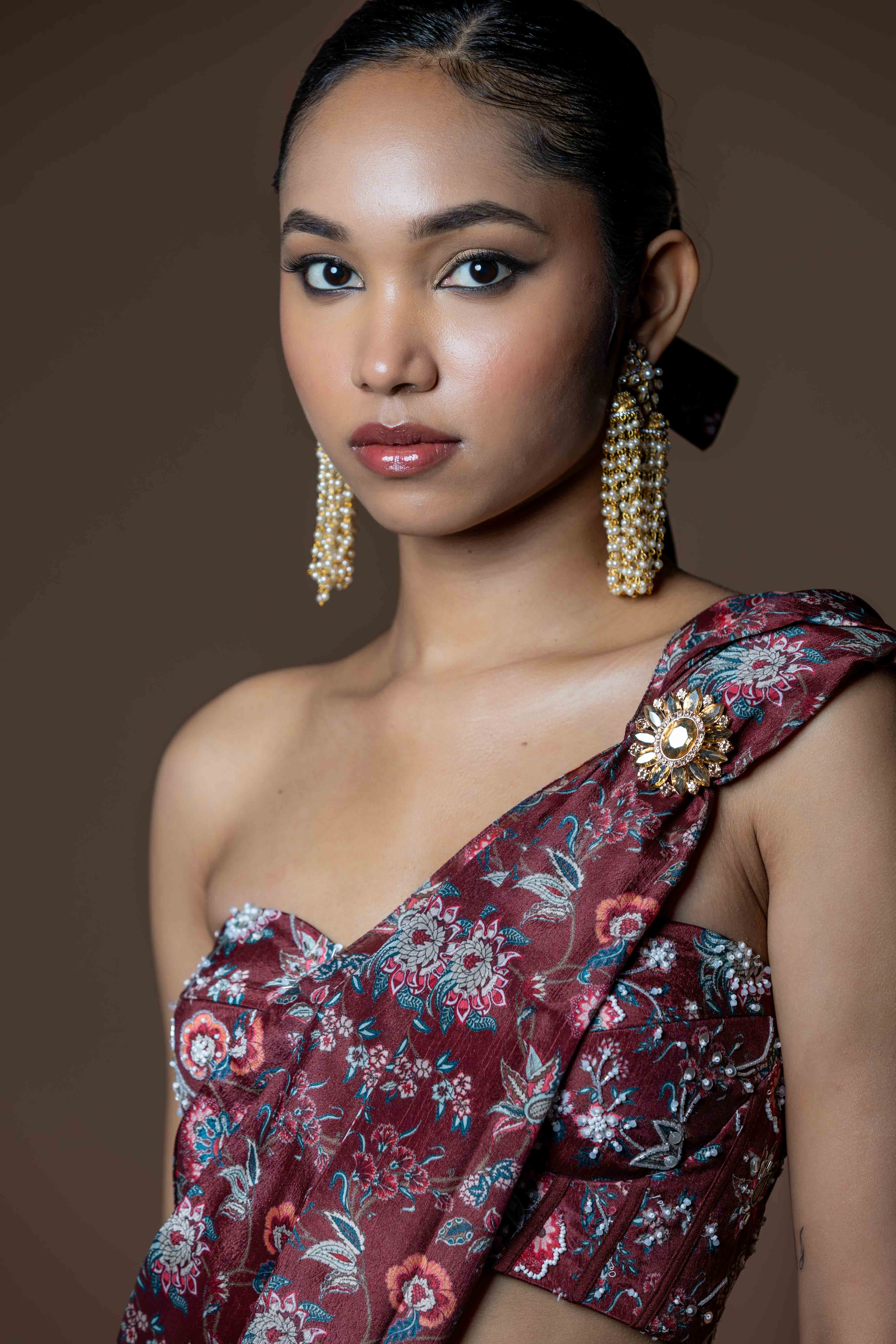 Maroon Floral One-Shoulder Draped Saree Gown with Embroidered Bustier