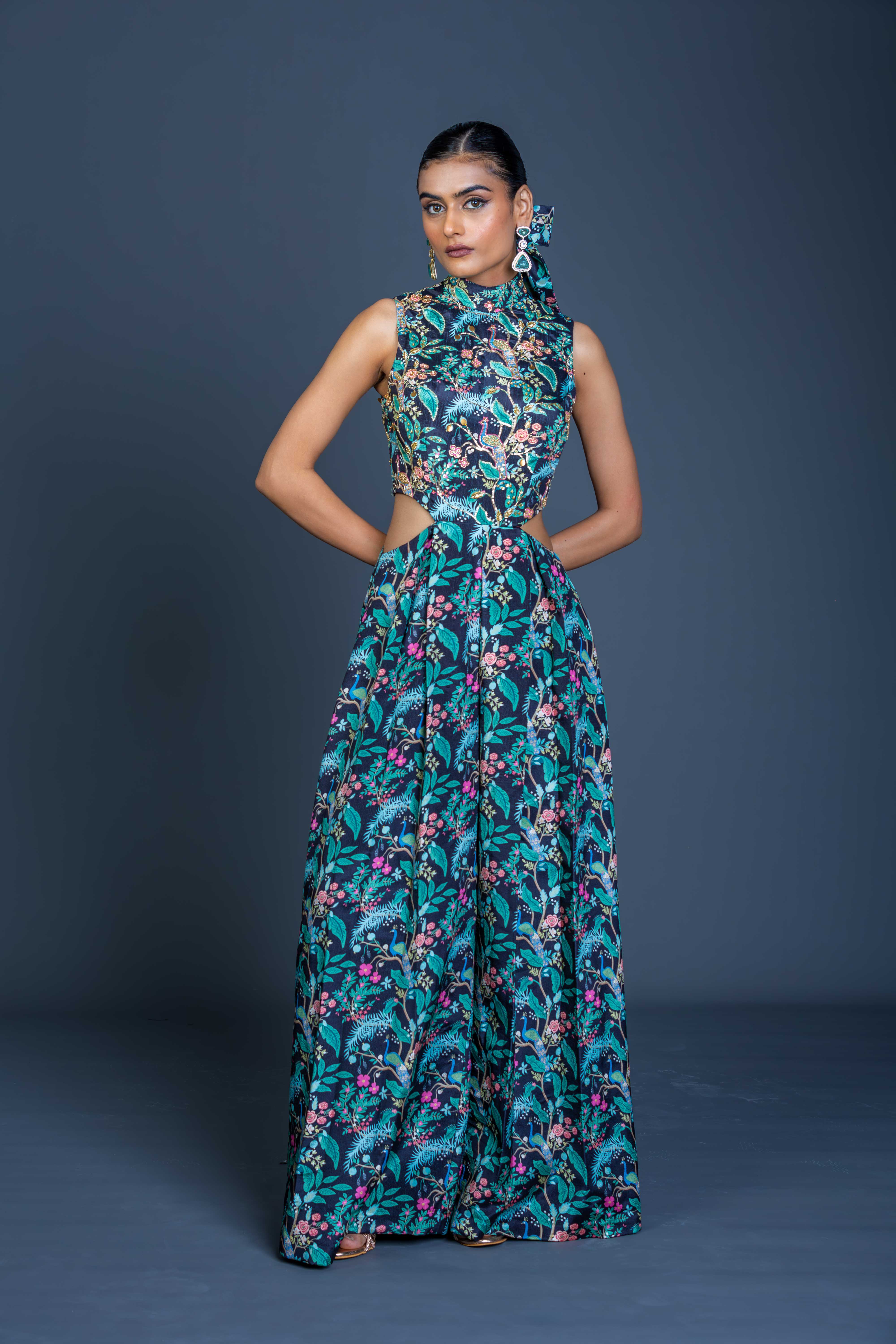 Midnight Black Peacock Print Cutout Jumpsuit with Wide Legs