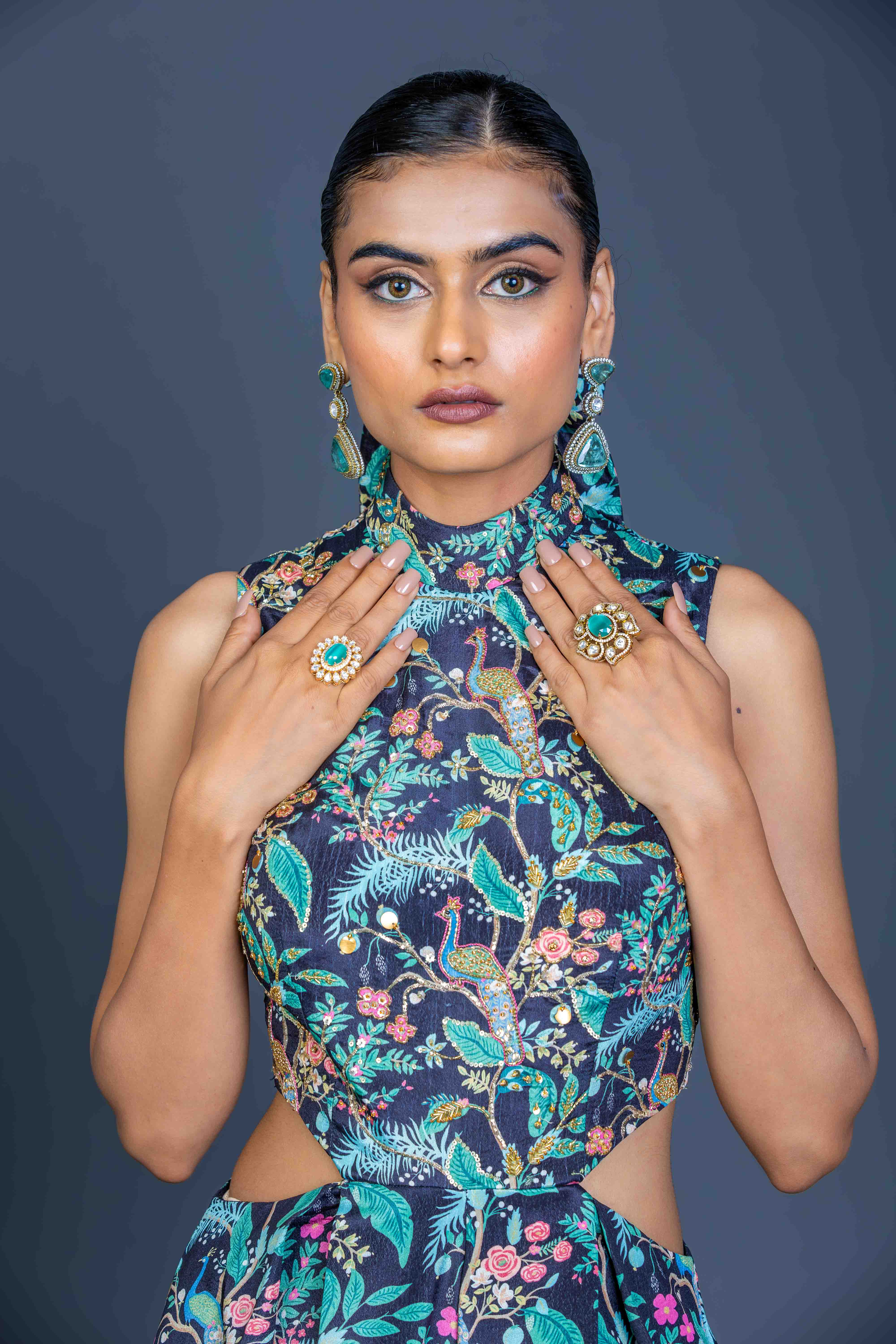 Midnight Black Peacock Print Cutout Jumpsuit with Wide Legs