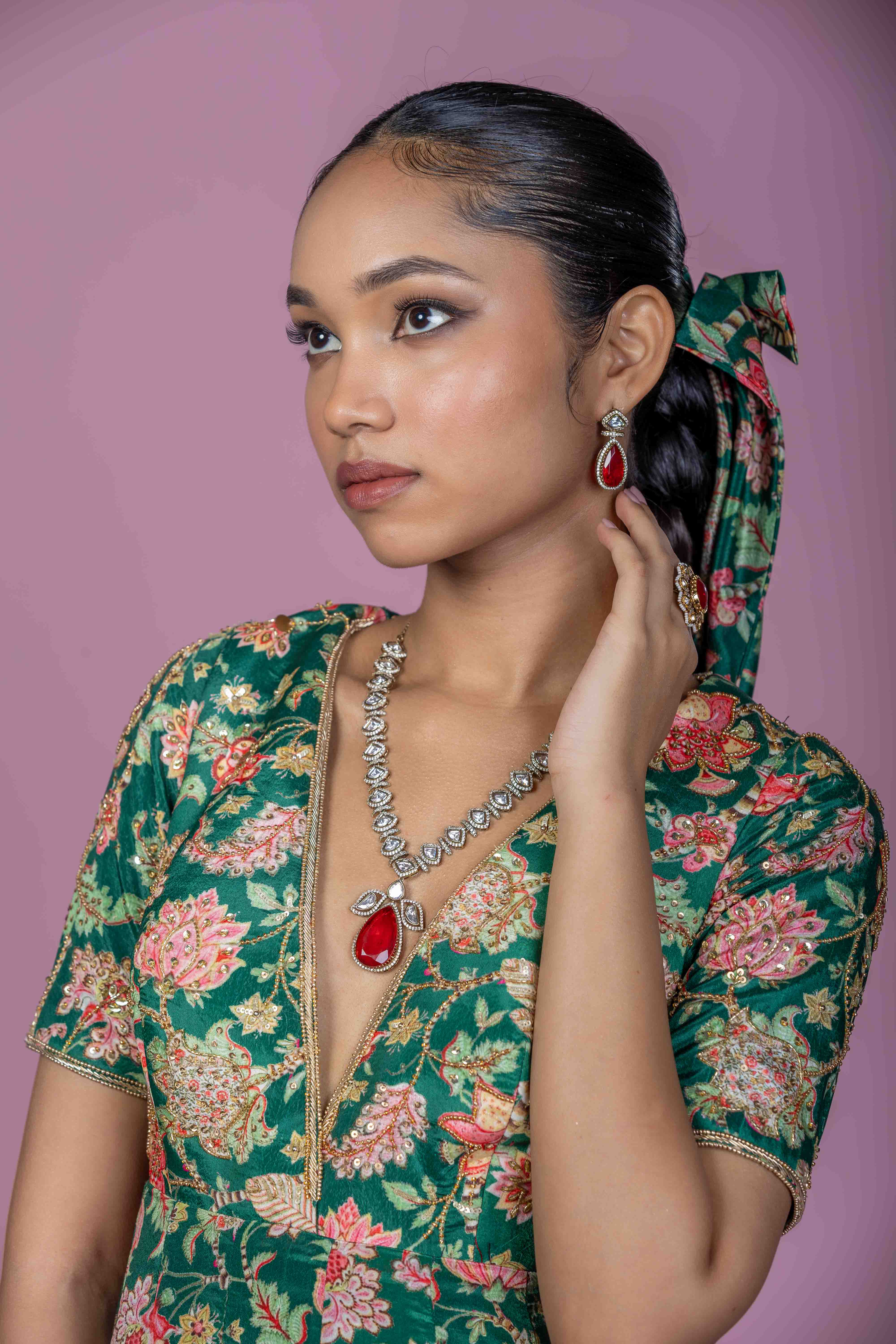 Emerald Green Floral Anarkali Kurta with Straight Pants