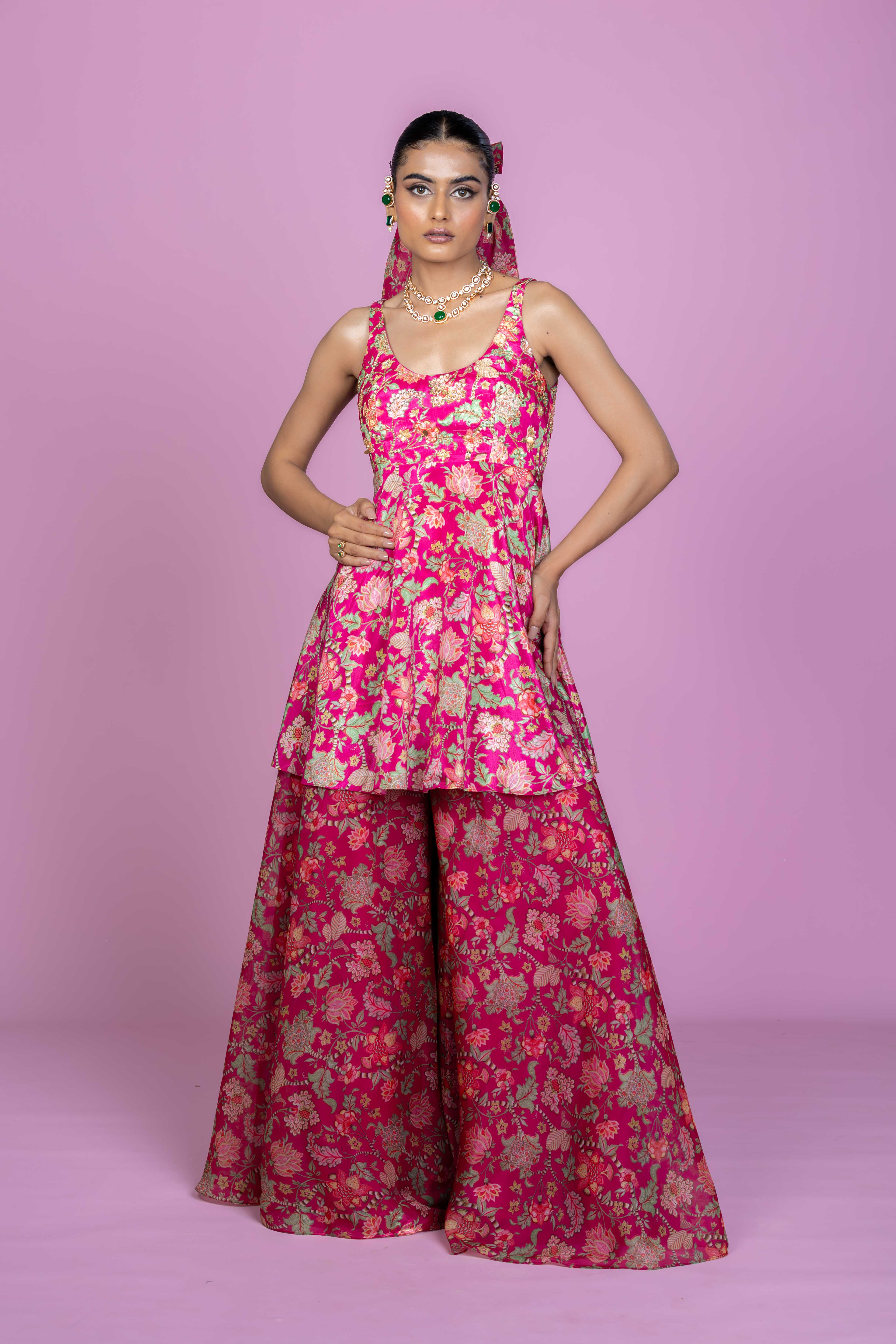Rani Pink Floral Peplum Kurti Palazzo Set with Dupatta – Nymi - Main Image