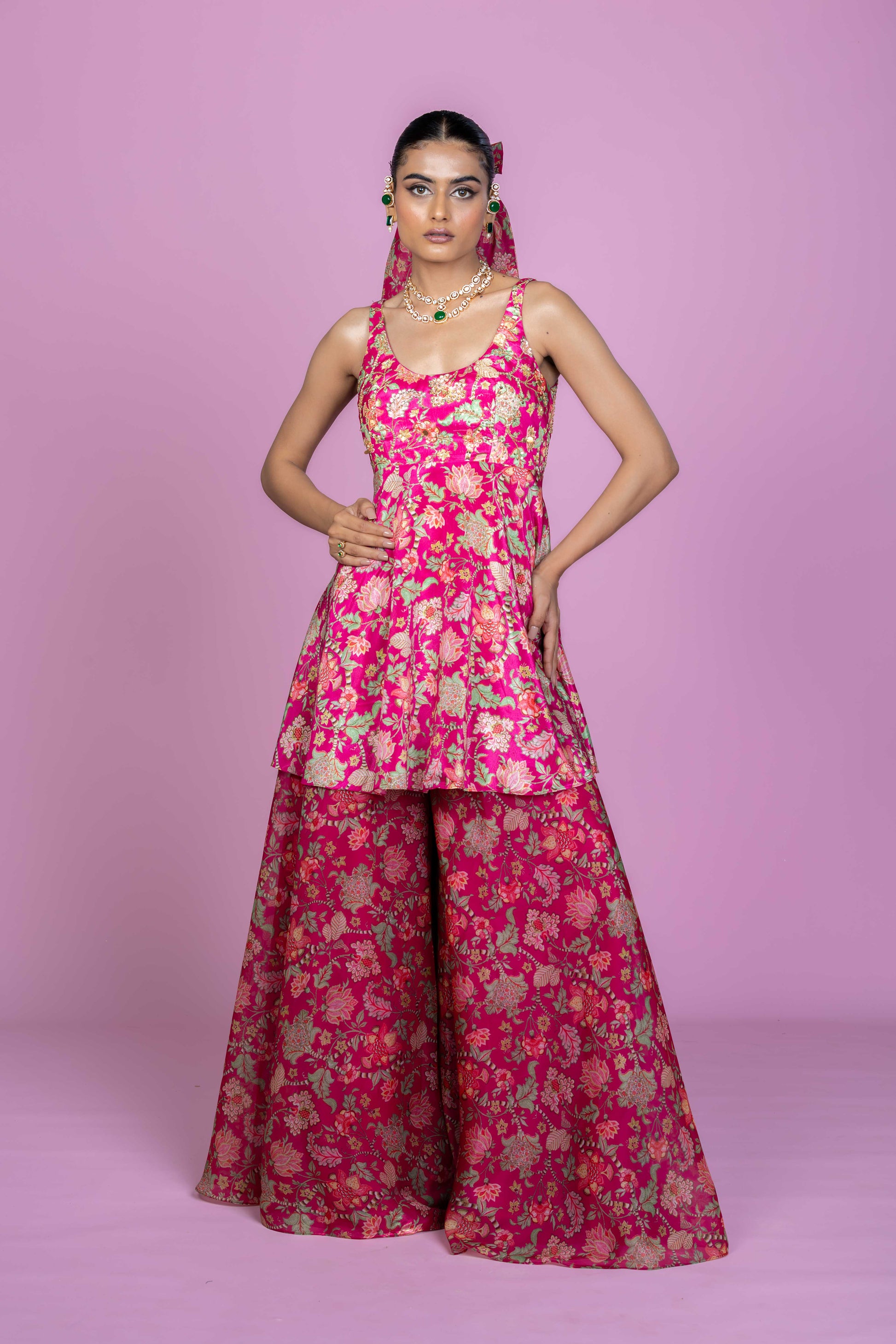 Rani Pink Floral Peplum Kurti Palazzo Set with Dupatta