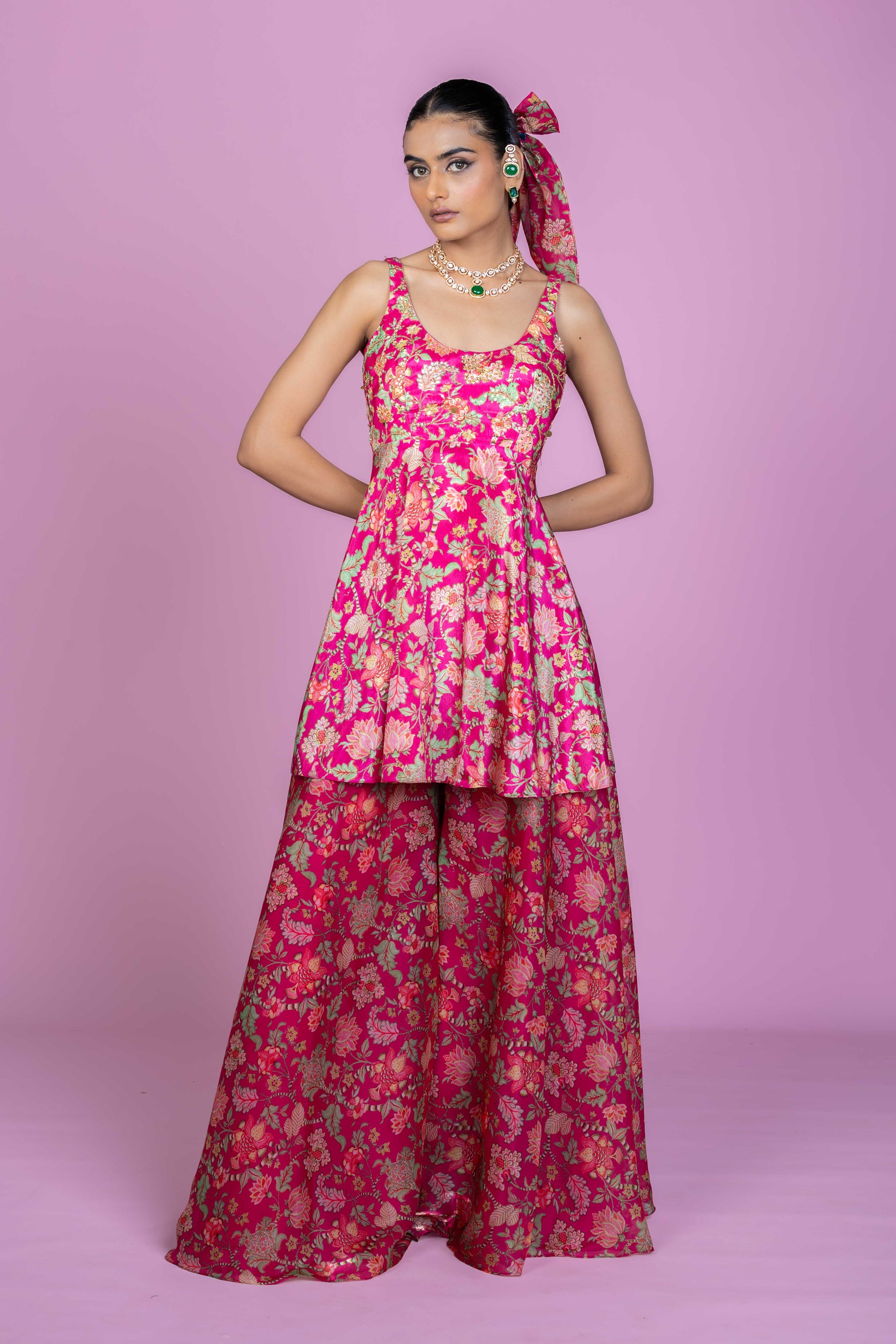 Rani Pink Floral Peplum Kurti Palazzo Set with Dupatta